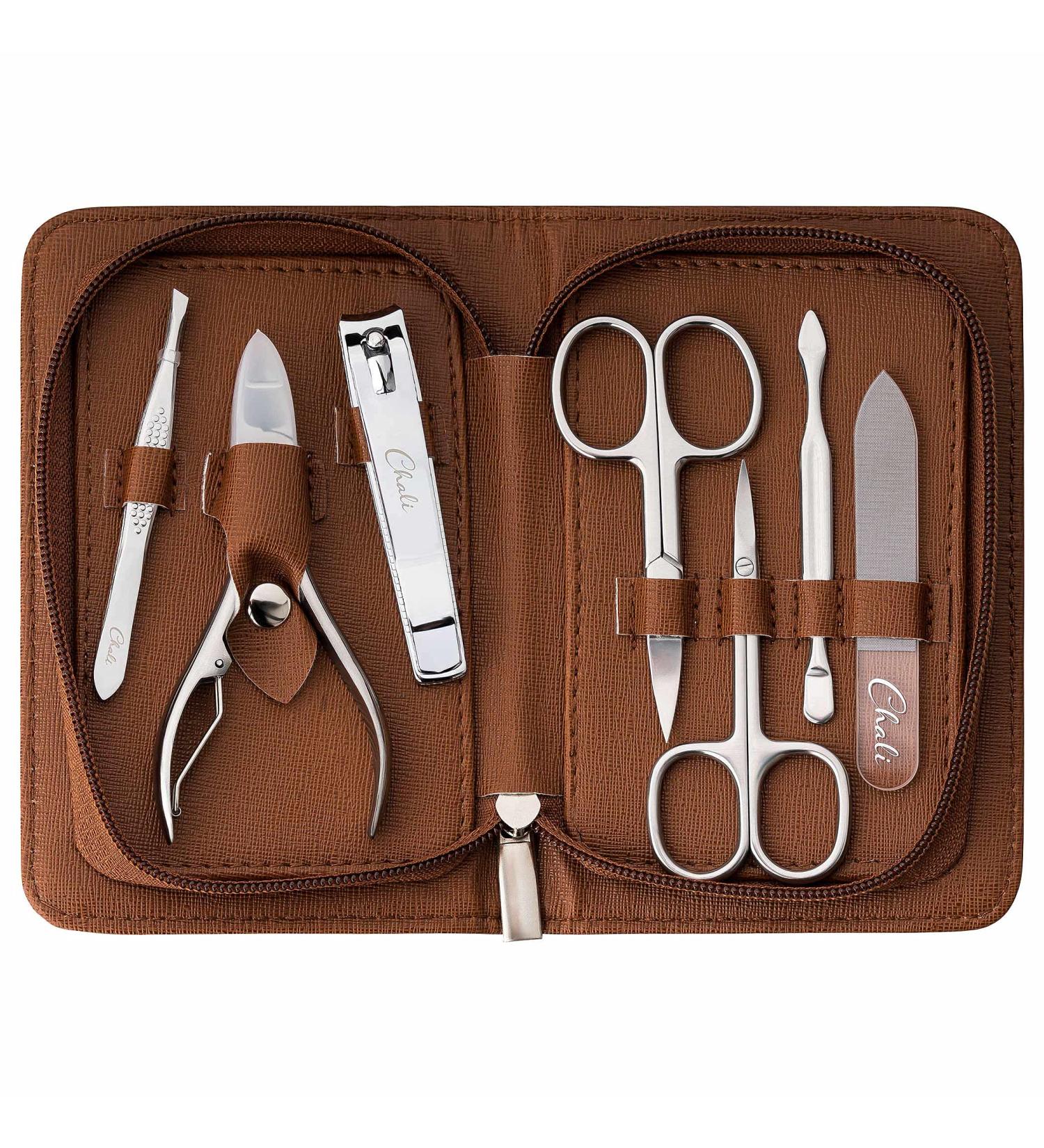 Chali 7-Piece Nail Set - Stainless Steel Manicure/Pedicure Kit with Case Nail Scissors Clippers & Glass File | International Shipping - Buy Online on SooperMarket.com