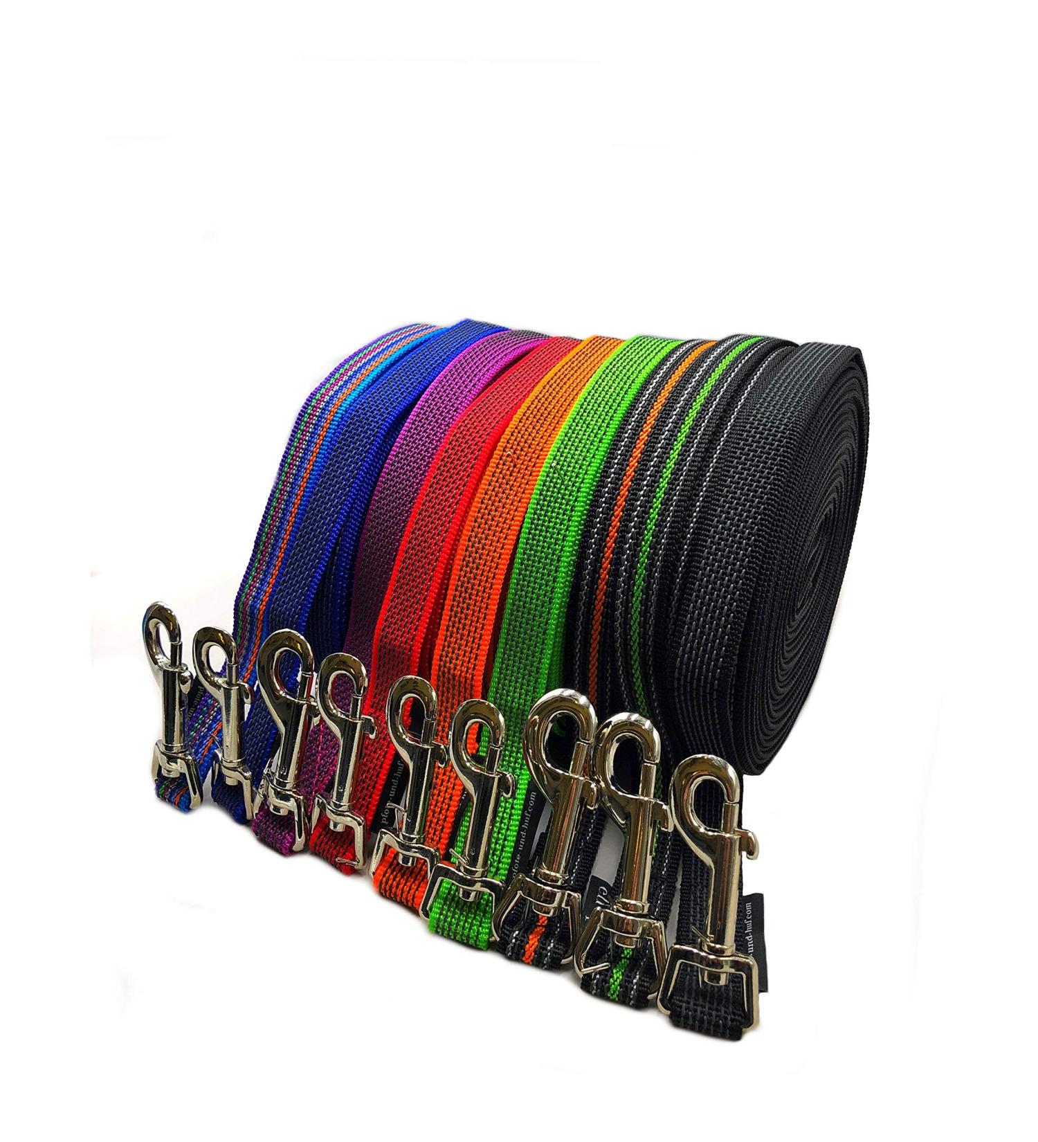 Terred linen dog linen 1m-40m/20mm wide/for medium and large dogs with/without hand loop tracking leash/practice leash (1.50m with hand loop black-neon-green rubberized) 1.50m with hand loop black and neon green rubberized