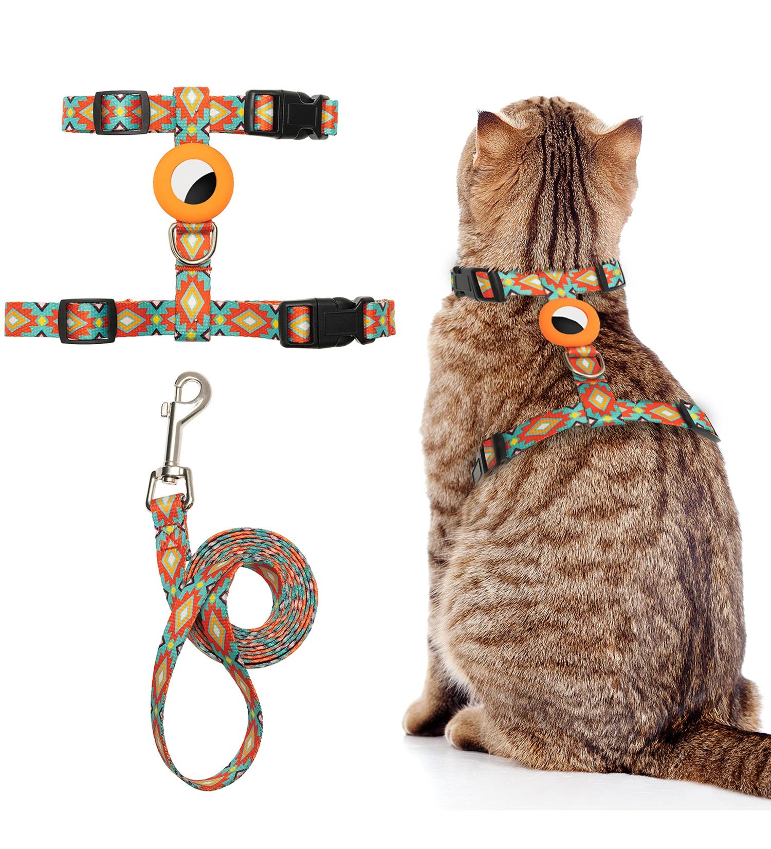 Cat Harness and Leash Escape Proof for Walking Travel Outdoor - Soft Nylon Adjustable Cute Cat Harness Leash Set with Airtag Holder for Small Large Cats Neck:7.6"-12" chest:10.6"-18" Orange - Buy Online on SooperMarket.com