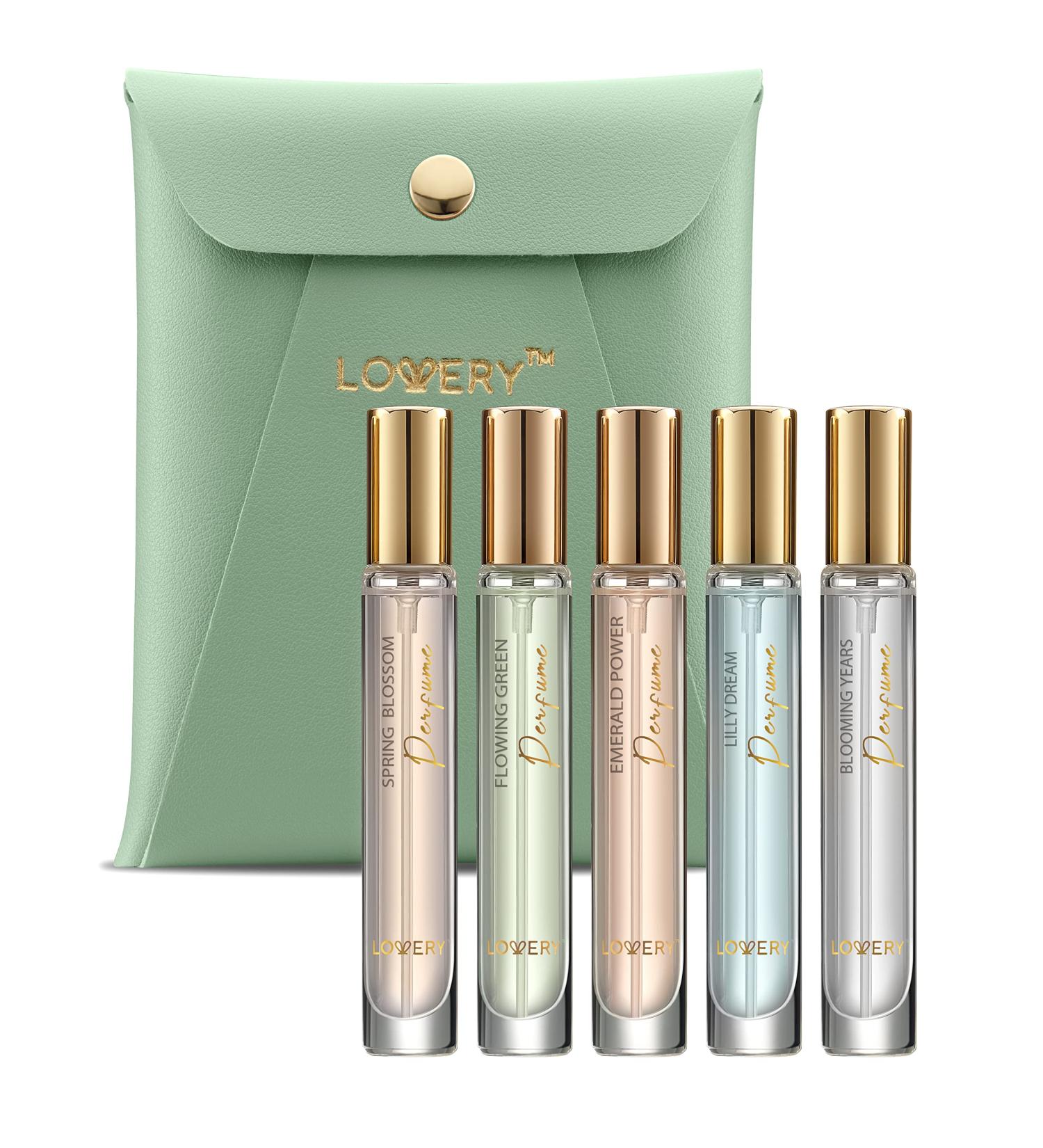 LOVERY Valentines Day Gifts For Her and Him Perfume Set Pack of 5 - Perfume Sampler Sets for Women & Men with Leather Pouch - 10ml Mini Perfume for Travel Gifts Solo Scent & Layering Fragrances Floral - Buy Online on SooperMarket.com