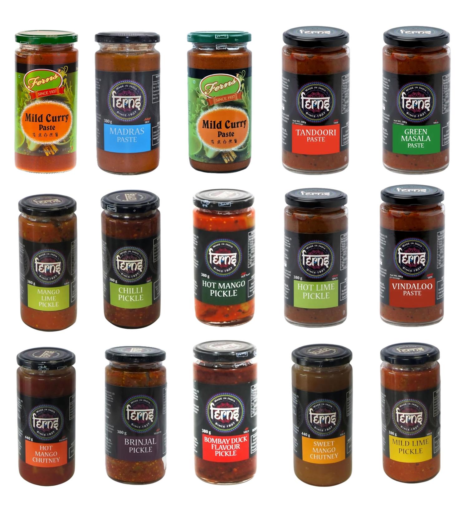 Fern Pickle Curry Sauce Chutney Pick N Mix | Choose From 17+ Flavours |Hot Curry Paste Vindaloo Curry Hot Mango Pickle Hot Lime Pickle Mild Lime Pickle Chilli Pickle - Pack of 4 - Buy Online on SooperMarket.com