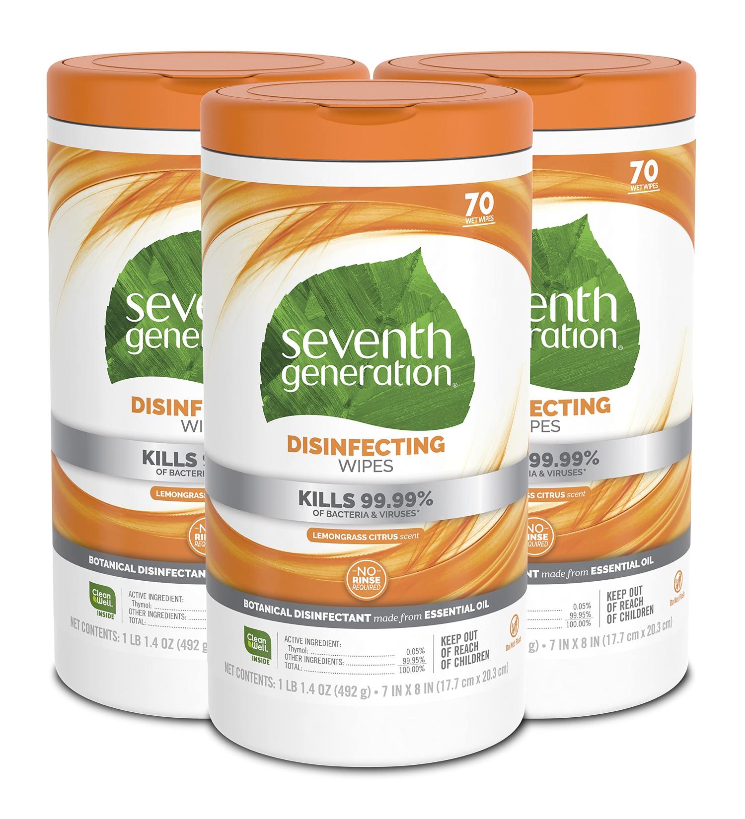 Seventh Generation Disinfecting Wipes, Lemongrass Citrus, 70 Count, Pack of 3 - Multi-Surface Cleaning - Buy Online on SooperMarket.com