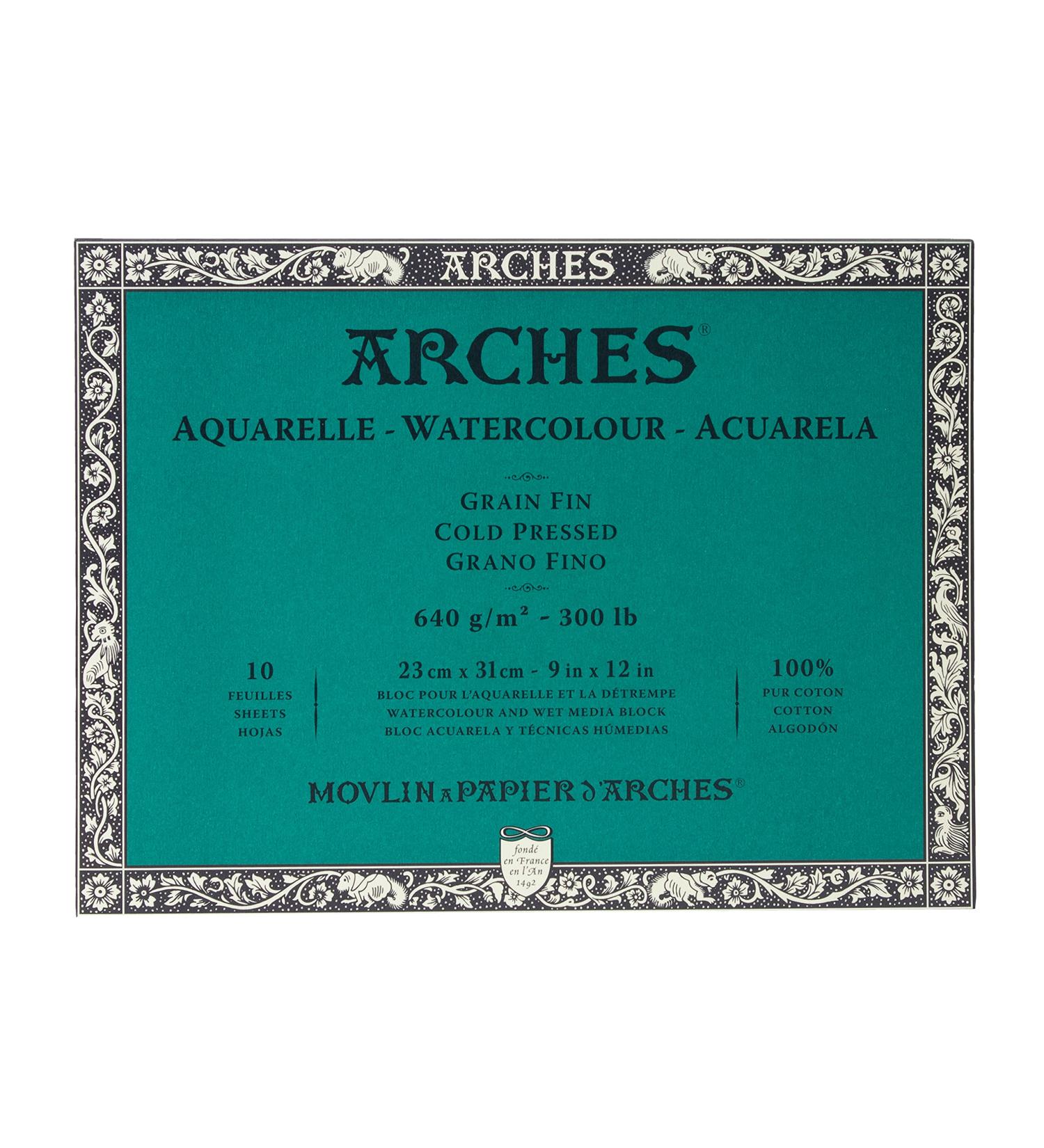 Arches Watercolor Block 9x12-inch | 10 Sheets 300 lb Watercolor Paper Cold Press | 100% Cotton | Ideal for Gouache, Ink, Acrylic | Natural White | Watercolor Paper Block - Buy Online on SooperMarket.com