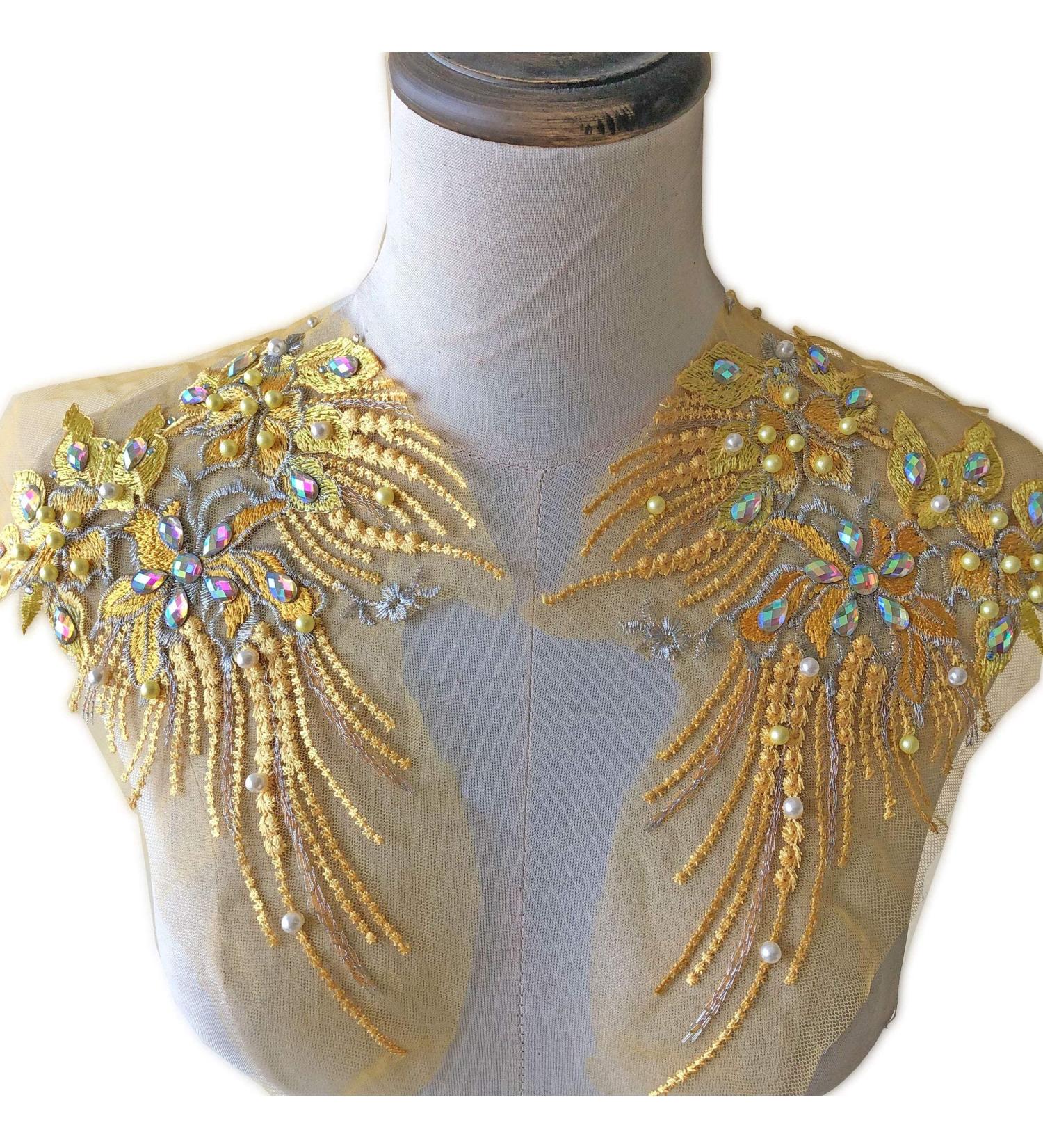 Mirror Pair Beaded Floral Lace Applique with Colorful Rhinestones, Jewelry Motif Embroidery Shoulder Patch for Party Costumes and Dance Dress in Gold - Buy Online on SooperMarket.com
