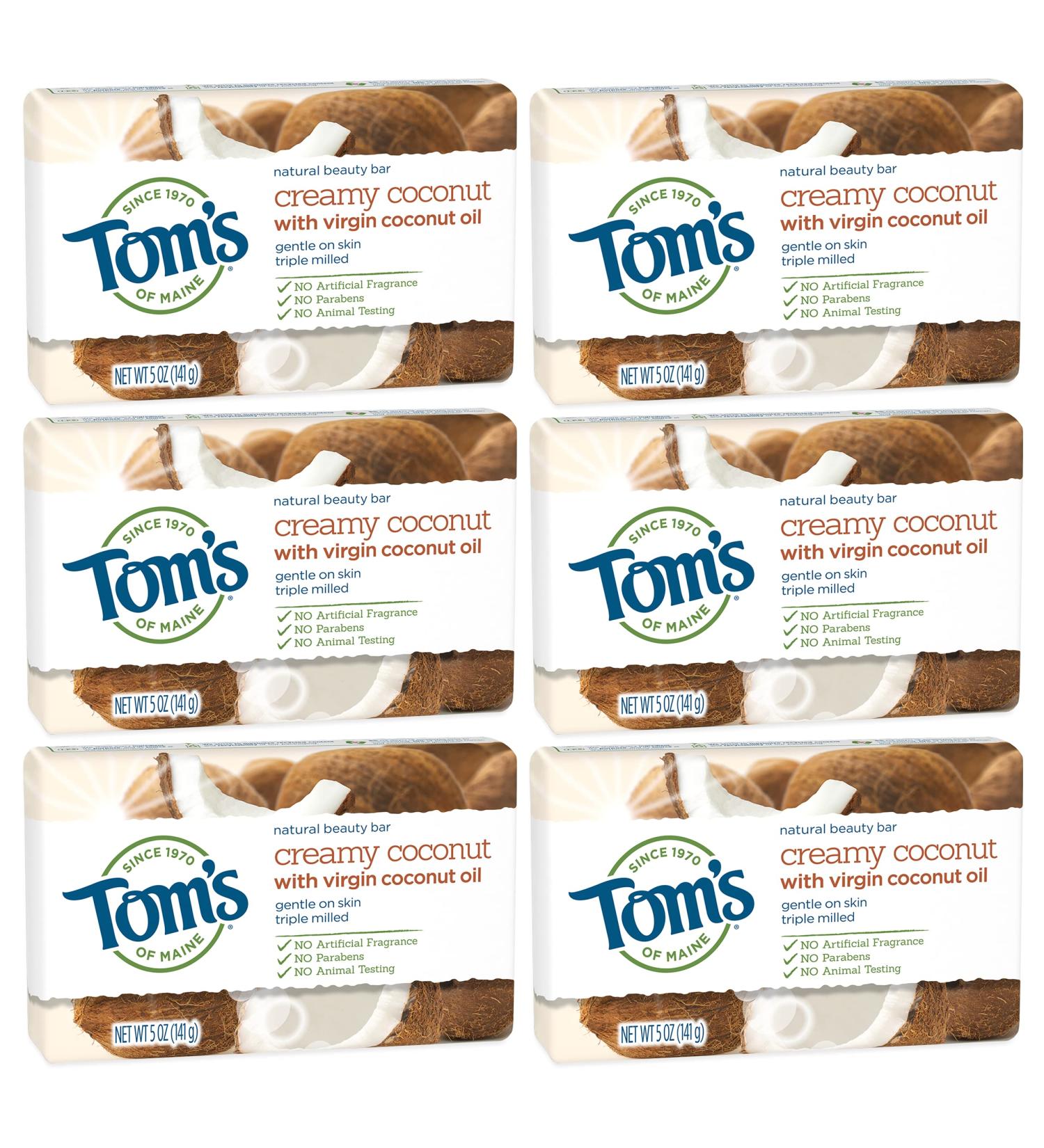 Tom's of Maine Natural Beauty Bar Soap - Creamy Coconut (5 oz, 6-Pack) with Virgin Coconut Oil - Buy Online on SooperMarket.com