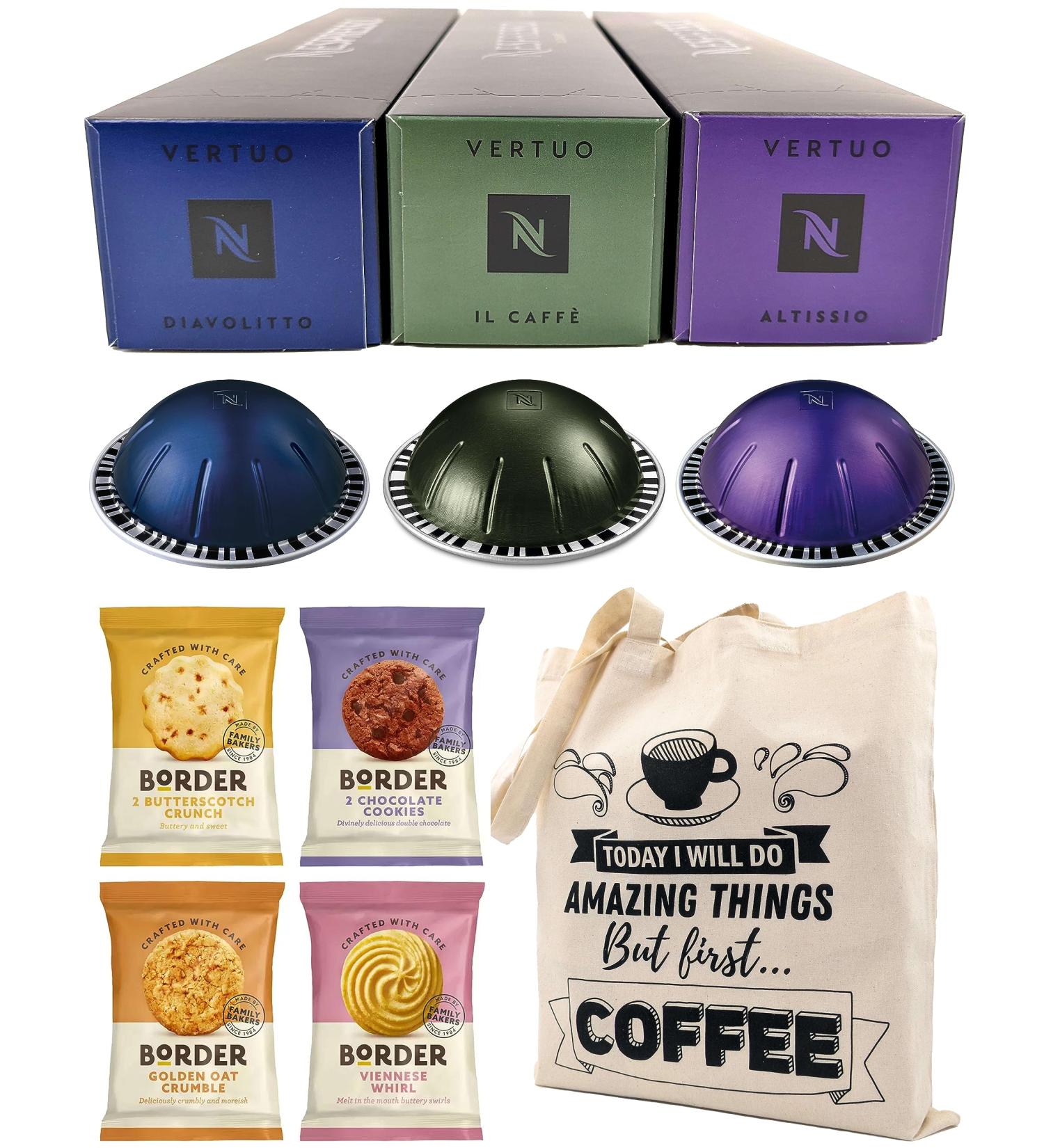 Nespresso Vertuo Coffee Capsules Intense Espresso Selection - Altissio Diavolitto Il Caff - 3 Boxes (30 Pods) Bundled with Border Biscuits & Giftable Tote Bag - Buy Online on SooperMarket.com