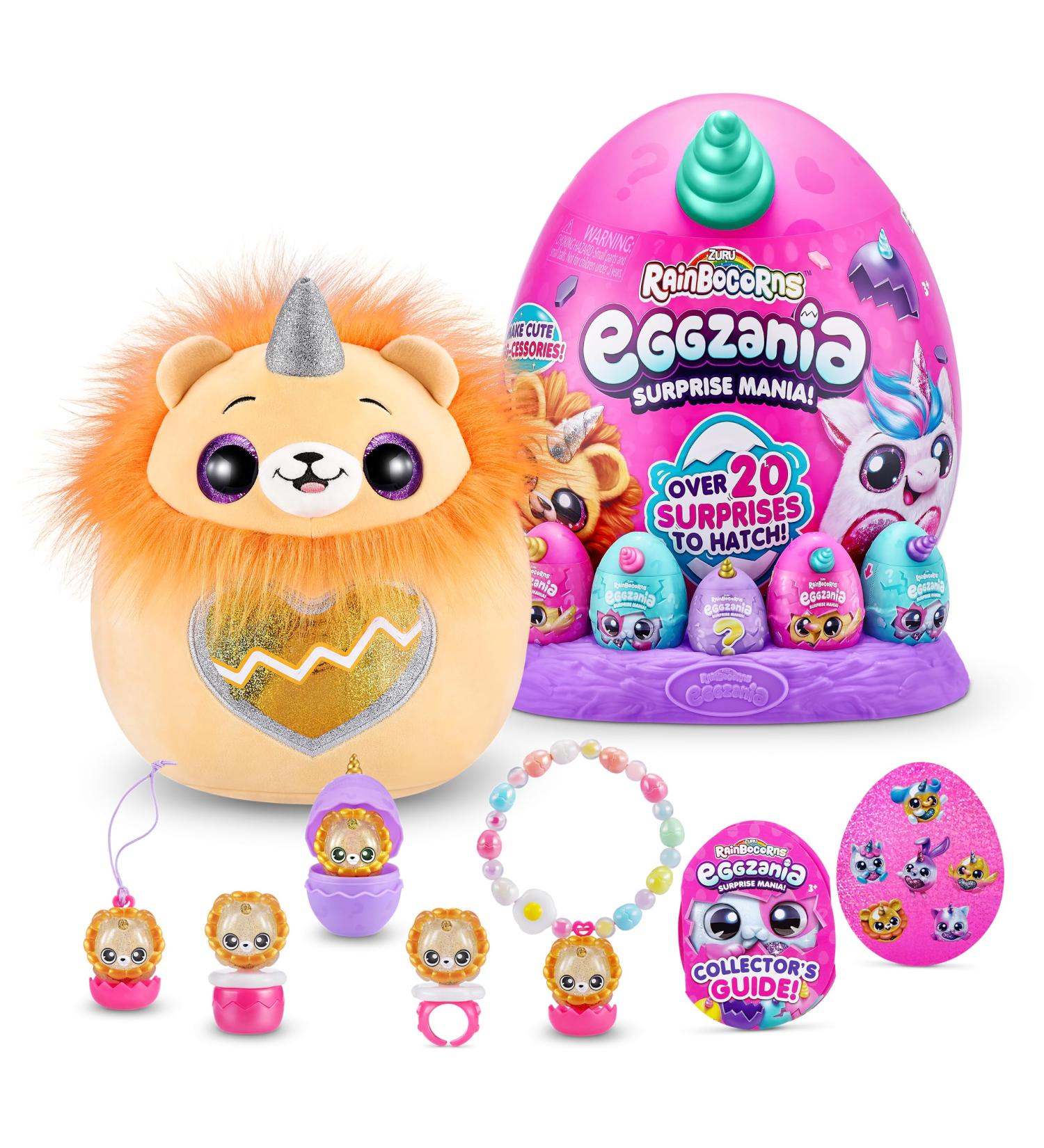Rainbocorns Eggzania Surprise Mania Roary the Lion - Collectible Plush with over 20 Surprises - 28cm Cuddle Plush Stuffed Animal with Rings, Bracelets, Stickers, and Wearable Accessories - Buy Online on SooperMarket.com