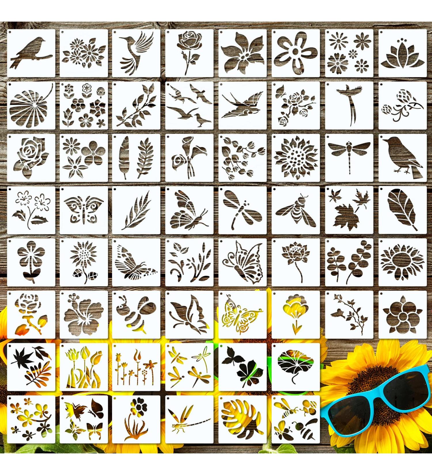60-Piece Flowering Plants Stencil Set - Reusable DIY Craft Templates for Painting on Wood & Walls | Home Decor Paint Stencils - Buy Online on SooperMarket.com