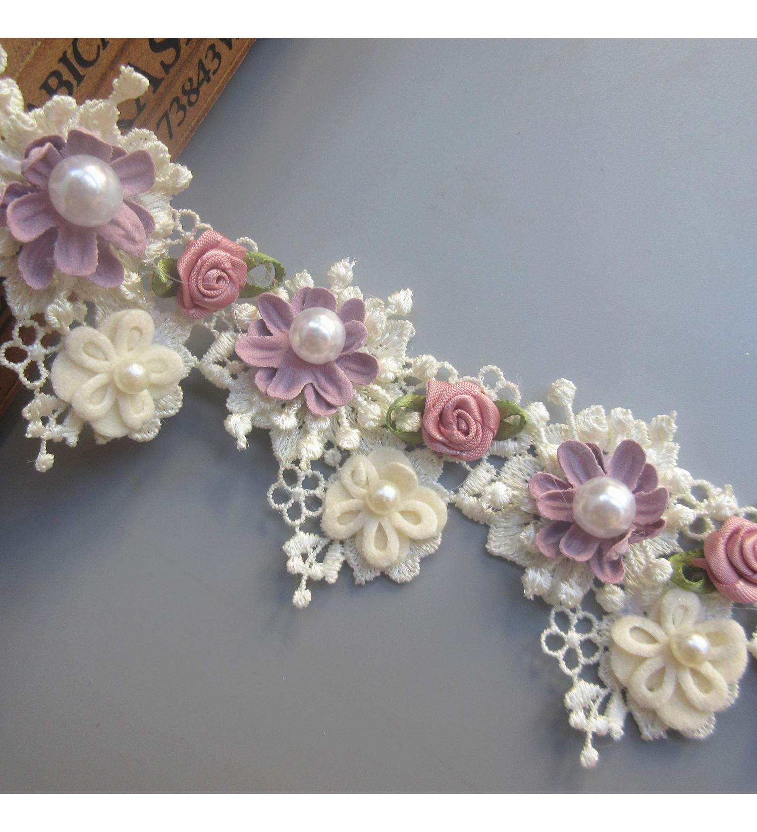 1 Yard Vintage Style Flower Pearl Beads Lace Trim Ribbon - Apricot Wedding Dress Embellishment - Buy Online on SooperMarket.com