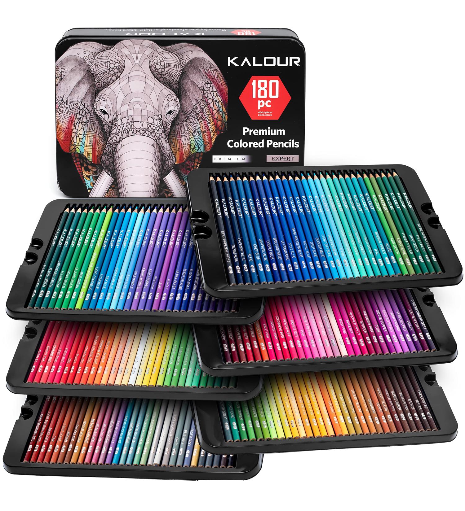 KALOUR 180 Colored Pencil Set with 12 Metallic Pencils - Ideal for Coloring and Drawing - Vibrant Colors - Tin Case Included - Buy Online on SooperMarket.com