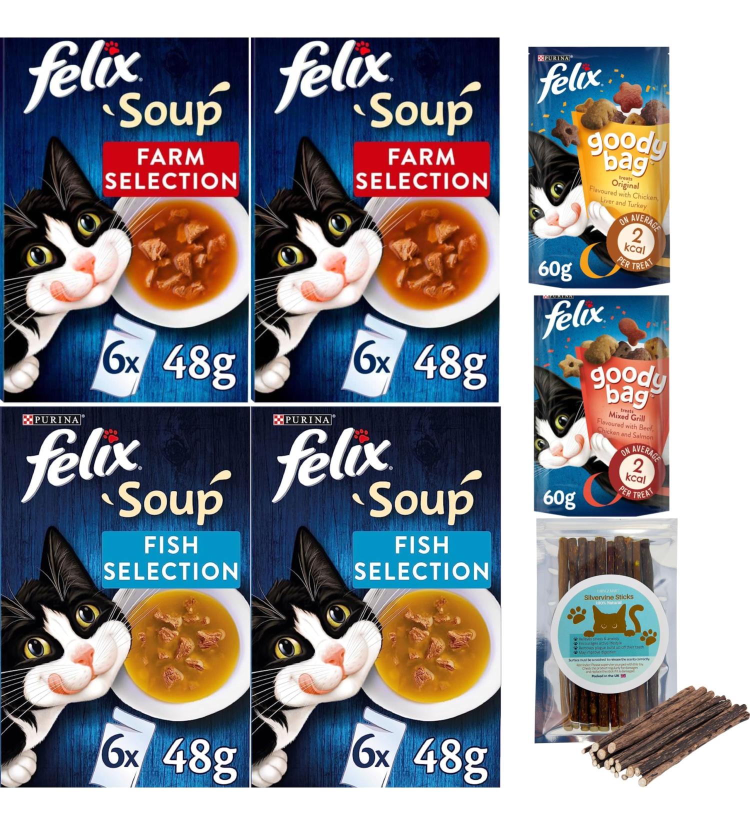 Felix Soup Cat Food Bundle Containing Farm and Fish Selection 48g x24 | Cat Treats 60g x2 | Silvervine Sticks - Buy Online on SooperMarket.com