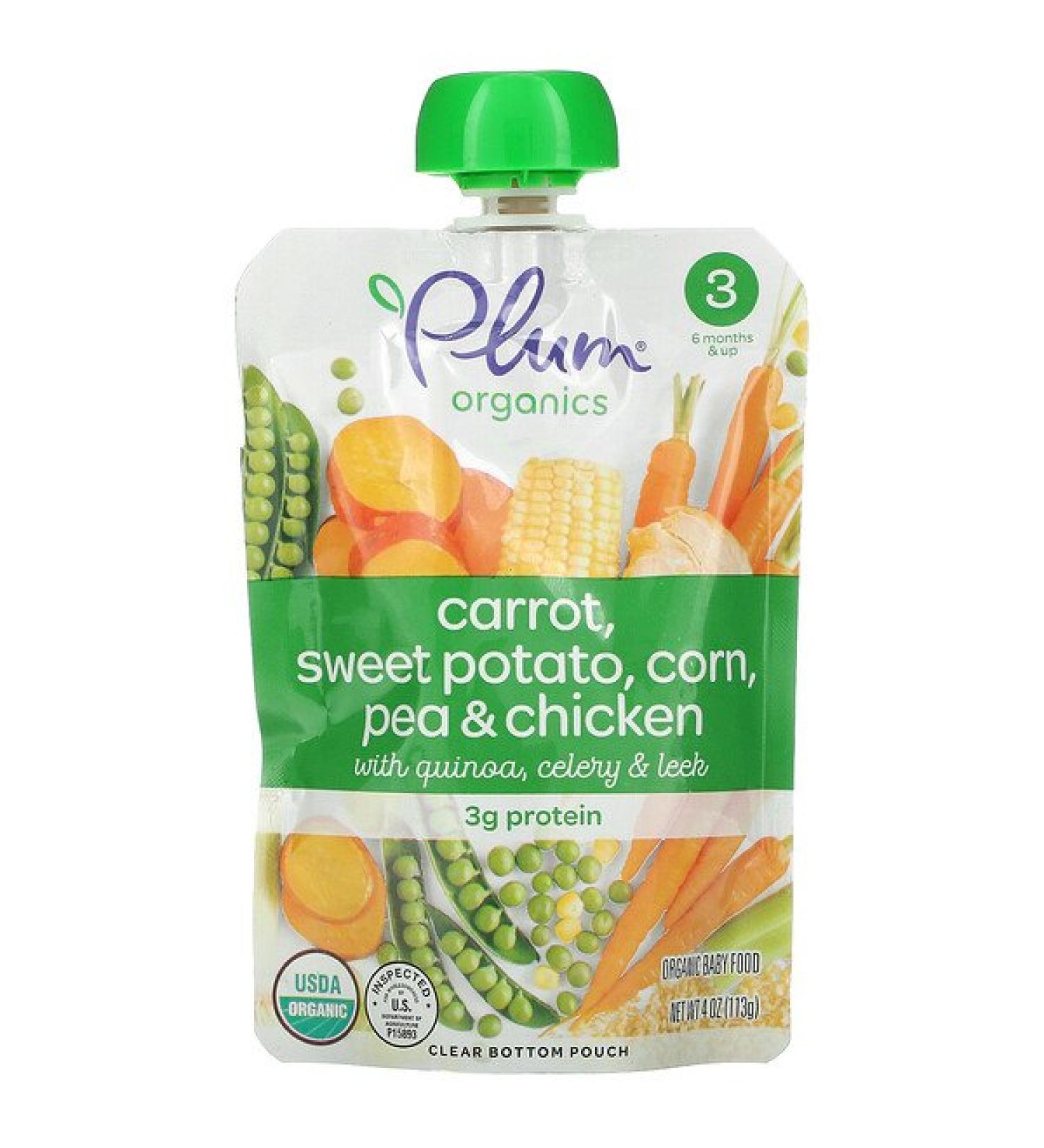 Plum Organics Organic Baby Food Stage 3 Carrot Sweet Potato Corn Pea & Chicken with Quinoa Celery & Leek 4 oz (113 g)