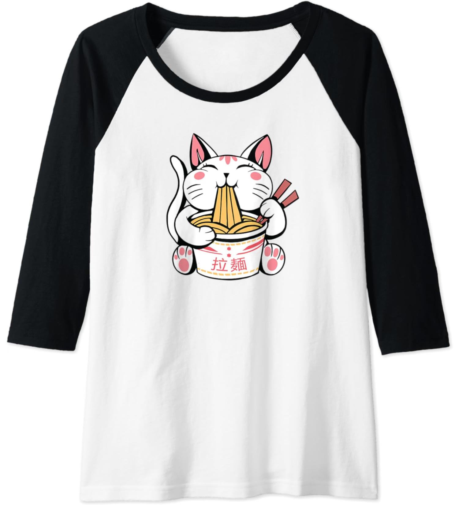Womens Kawaii Cat Neko Eating Ramen Noodle Soup Japanese Aesthetic Raglan Baseball Tee