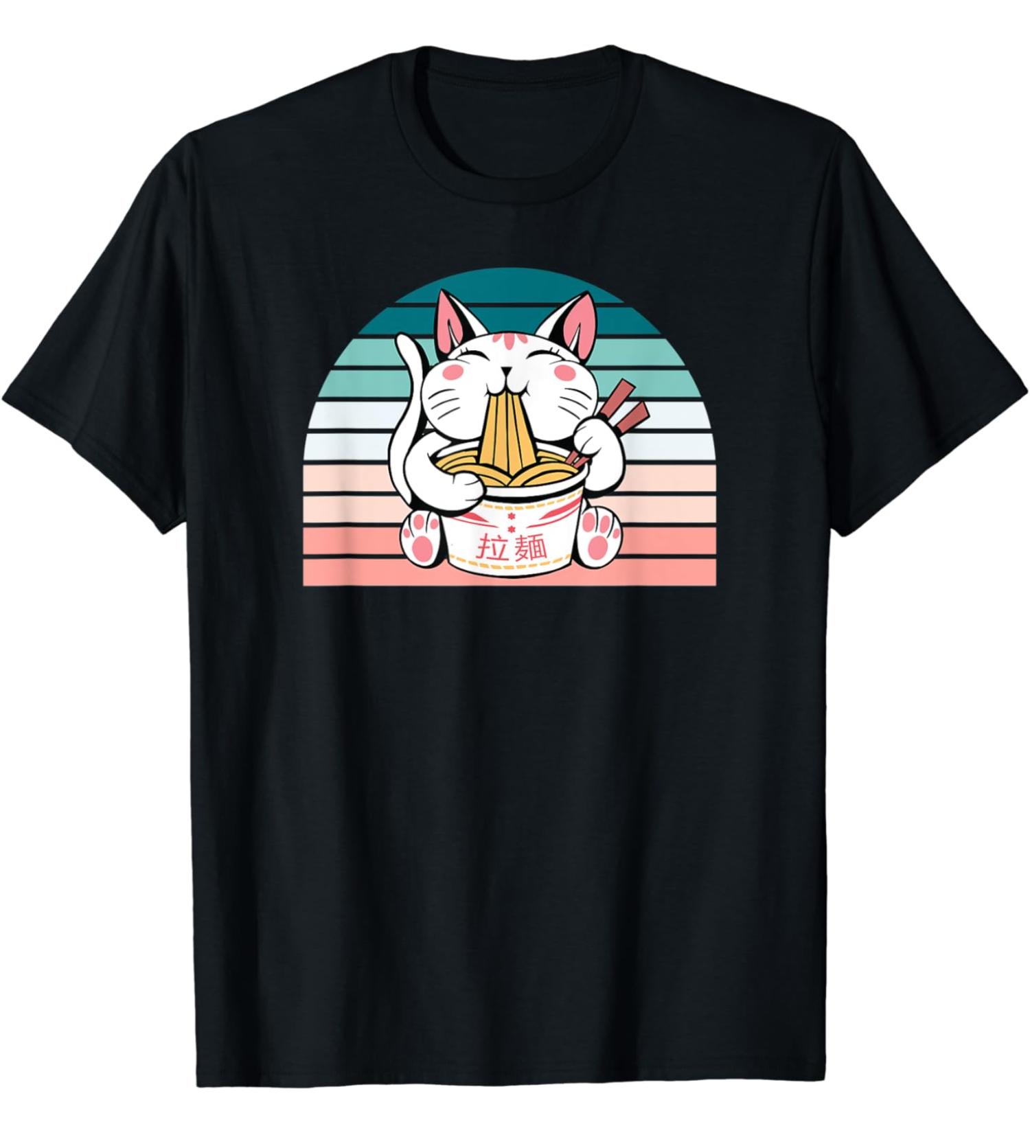 Kawaii Cat Neko Eating Ramen Noodle Soup Japanese Aesthetic T-Shirt