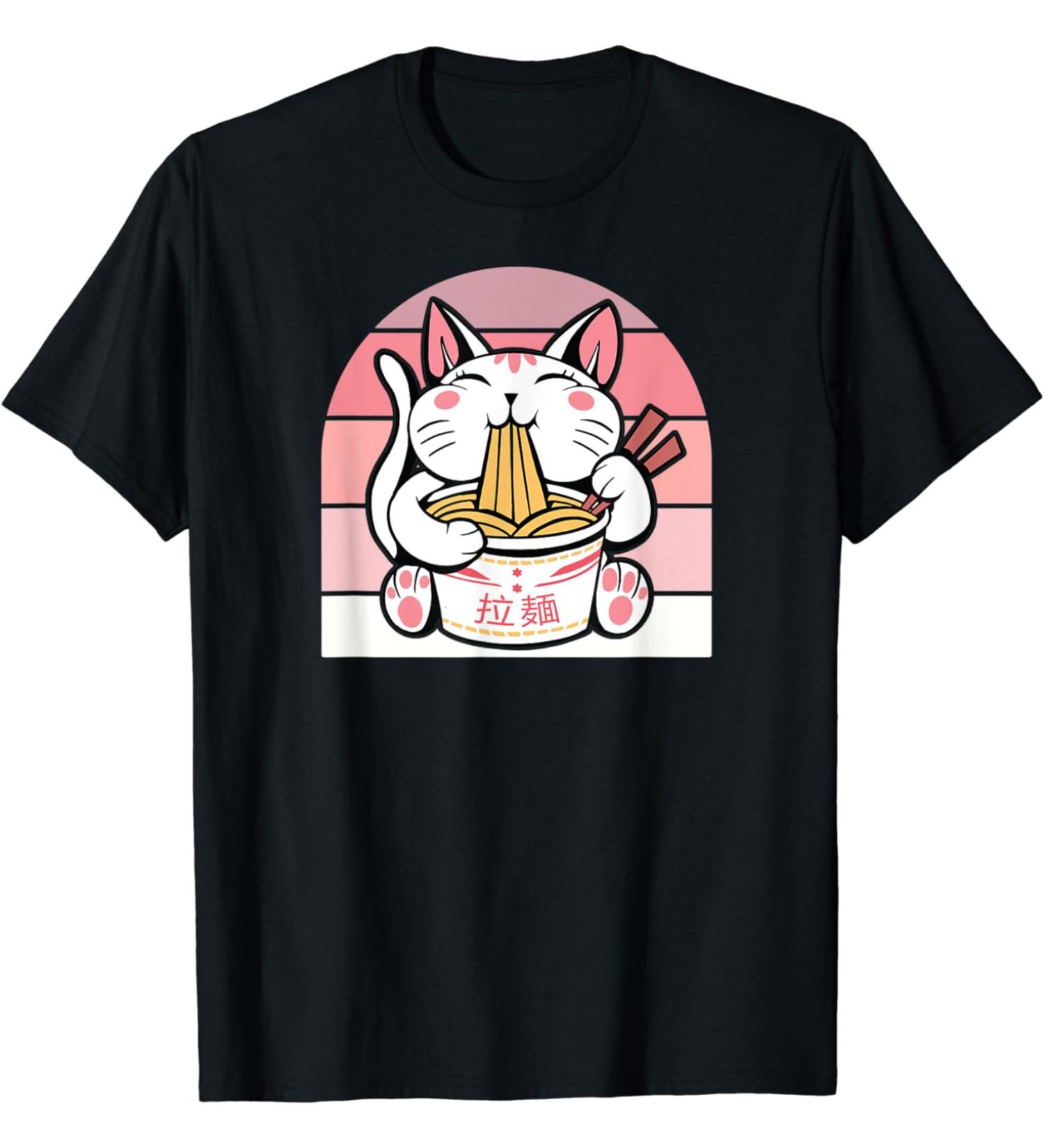 Kawaii Cat Neko Eating Ramen Noodle Soup Japanese Aesthetic T-Shirt