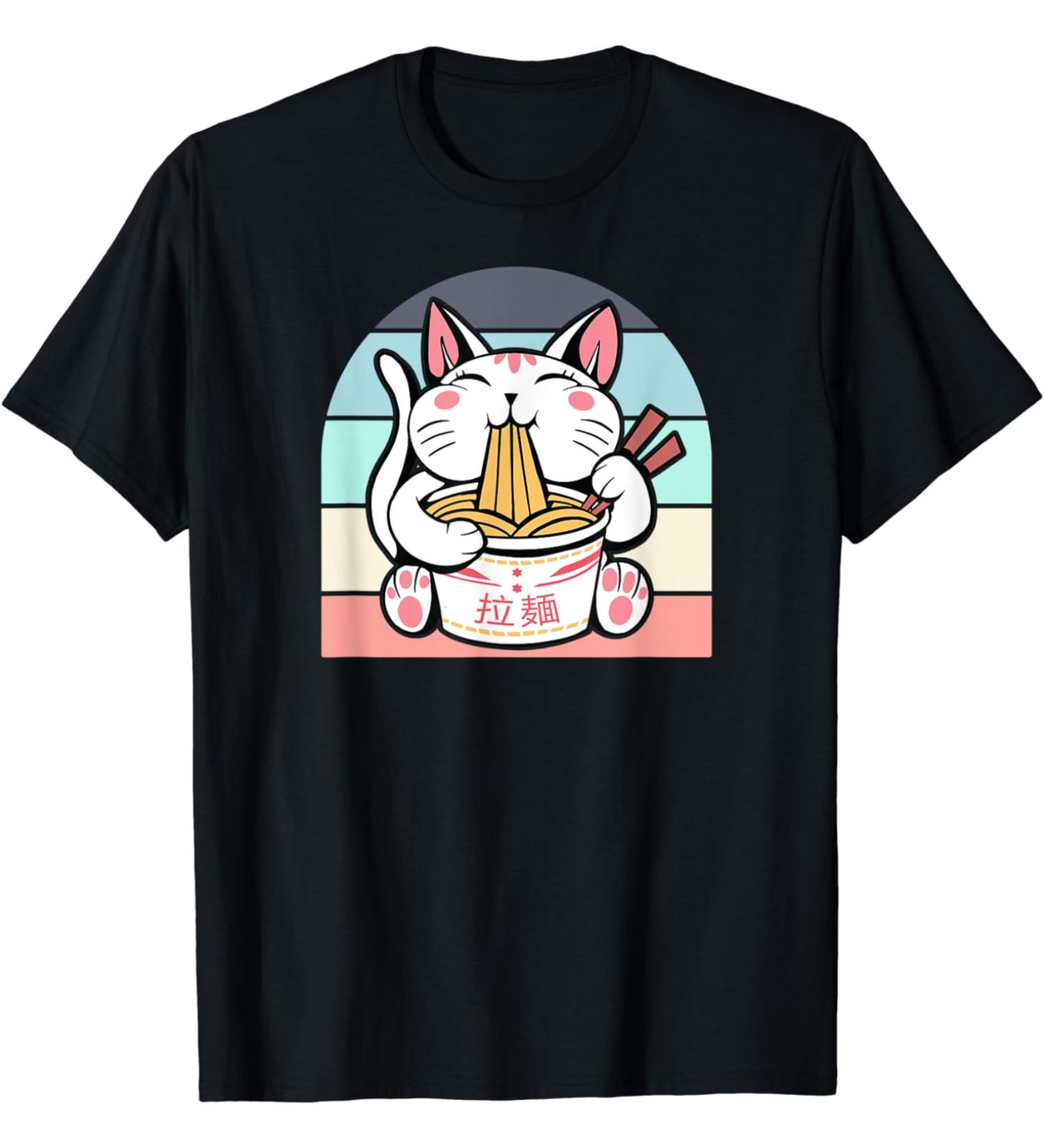 Kawaii Cat Neko Eating Ramen Noodle Soup Japanese Aesthetic T-Shirt