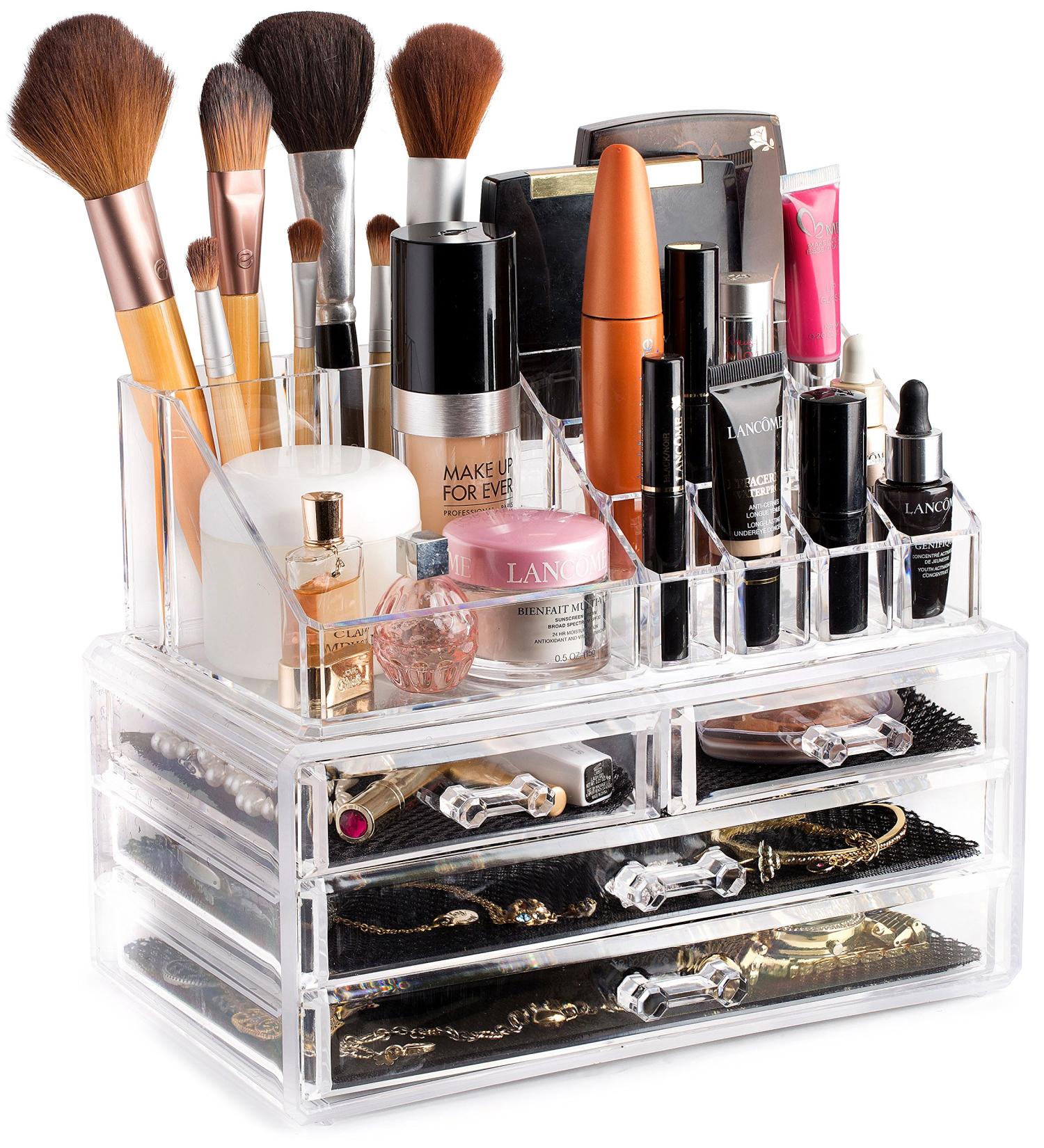 Clear Cosmetic Storage Organizer - 4-Drawer | 16 Compartments | Organize Cosmetics, Jewelry, and Hair Accessories with Ease - Elegant Design for Vanity, Bathroom, or Dresser - Buy Online on SooperMarket.com