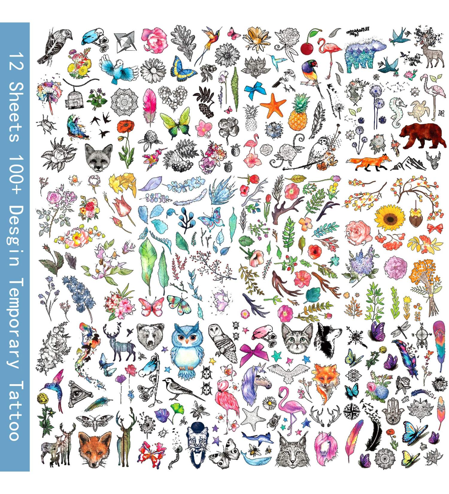 Oottati Waterproof 12 Sheets Summer Watercolor Temporary Tattoo Stickers - Animal, Flowers, Leaves Designs - Buy Online on SooperMarket.com