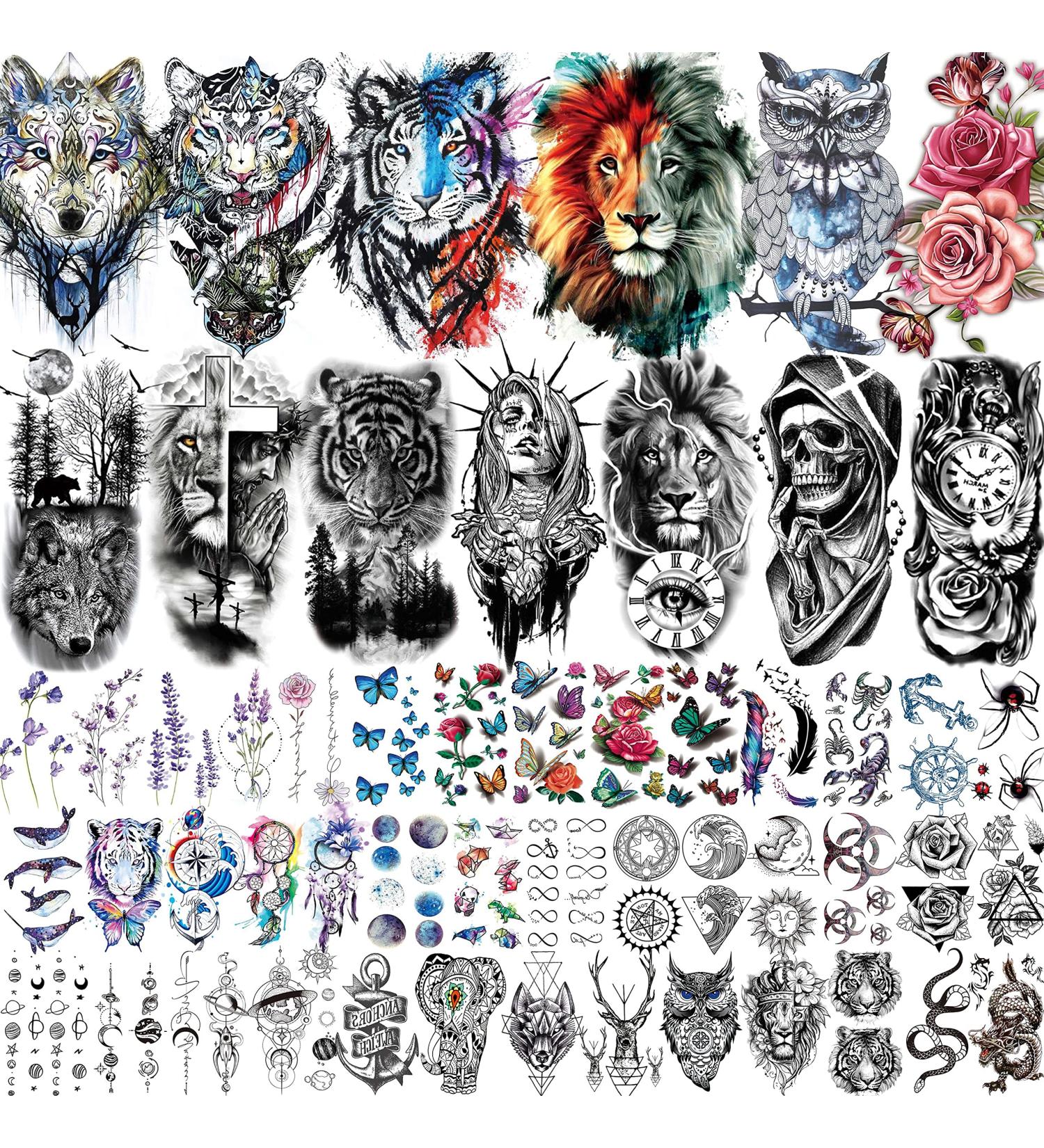 VANTATY 54 Sheets Large Watercolor Temporary Tattoos - Tribal Wolf Lion Tiger Owl Flower Designs for Men and Women - Long Lasting Fake Tattoos for Thigh, Arm, and Chest - Buy Online on SooperMarket.com