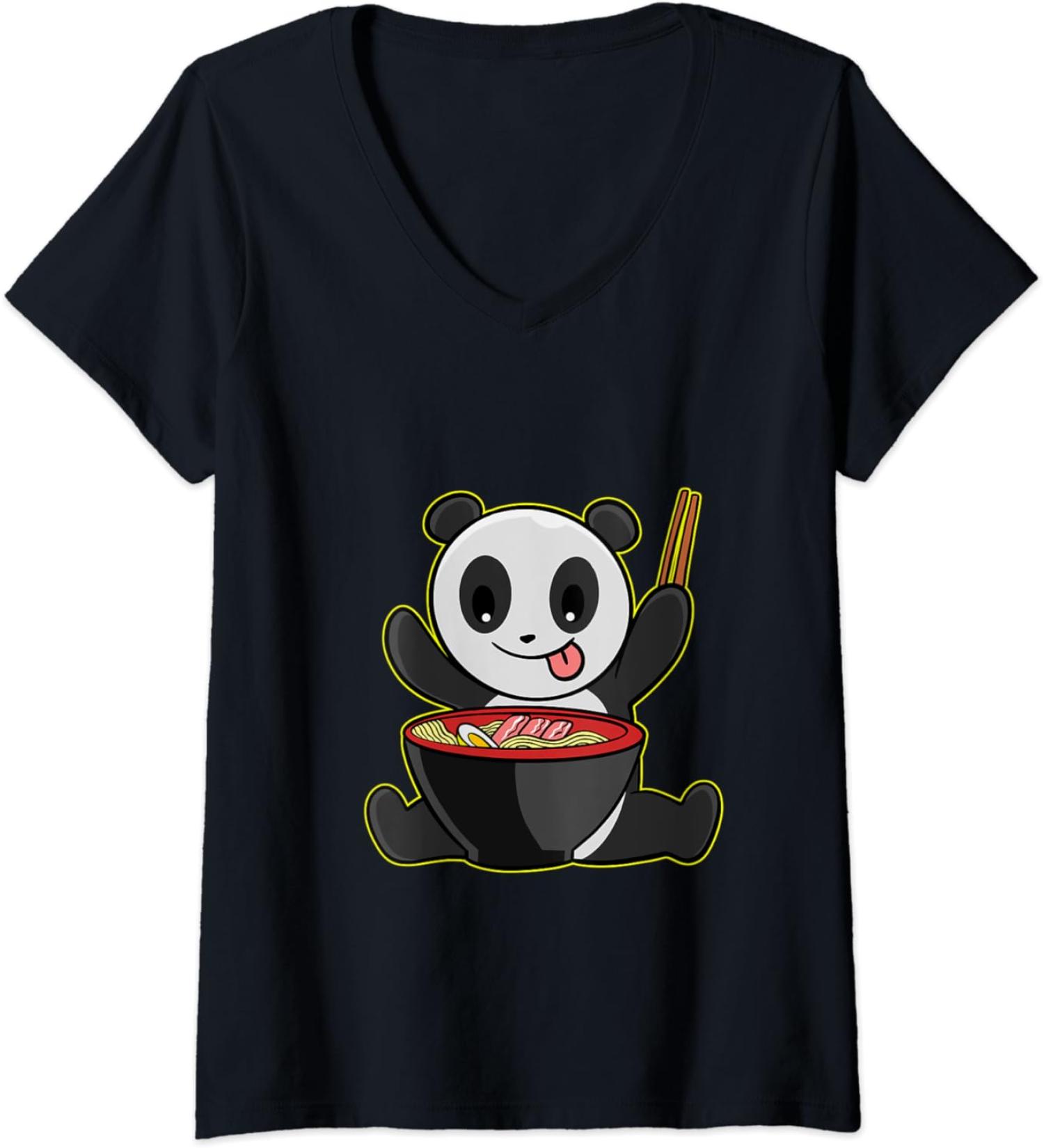 Womens Panda Ramen Kawaii Pandas Japanese Noodles V-Neck T-Shirt