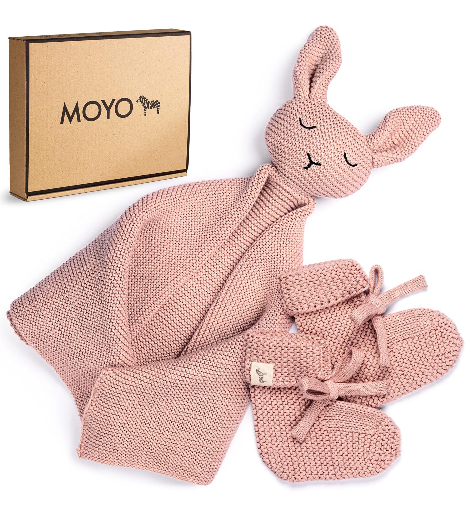 Moyo Baby Gift Set in Ros | 2-Part Gift Set with Knitted Rabbit Towel & Booties | Perfect Newborn Gift for Boys & Girls | Ideal Baby Shower Gift for New Parents - Buy Online on SooperMarket.com