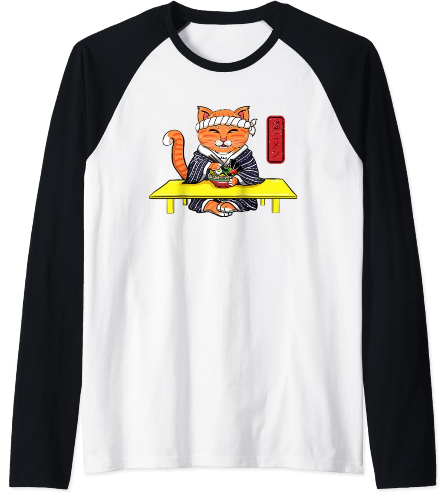 Japanese Cat Eating a Ramen Noodles Raglan Baseball Tee