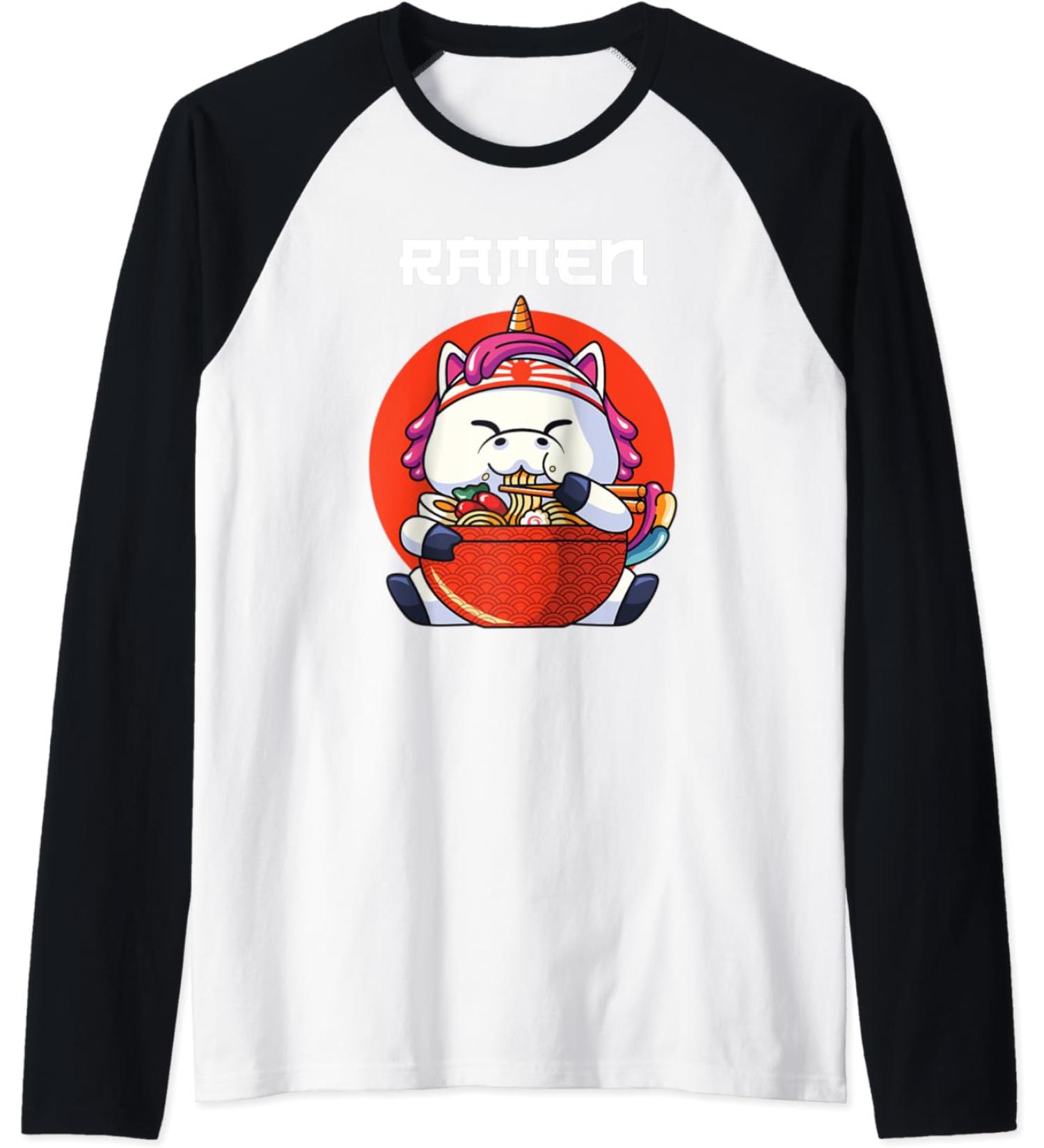 Ramen Noodle Lover Unicorn Anime Raglan Baseball Tee
