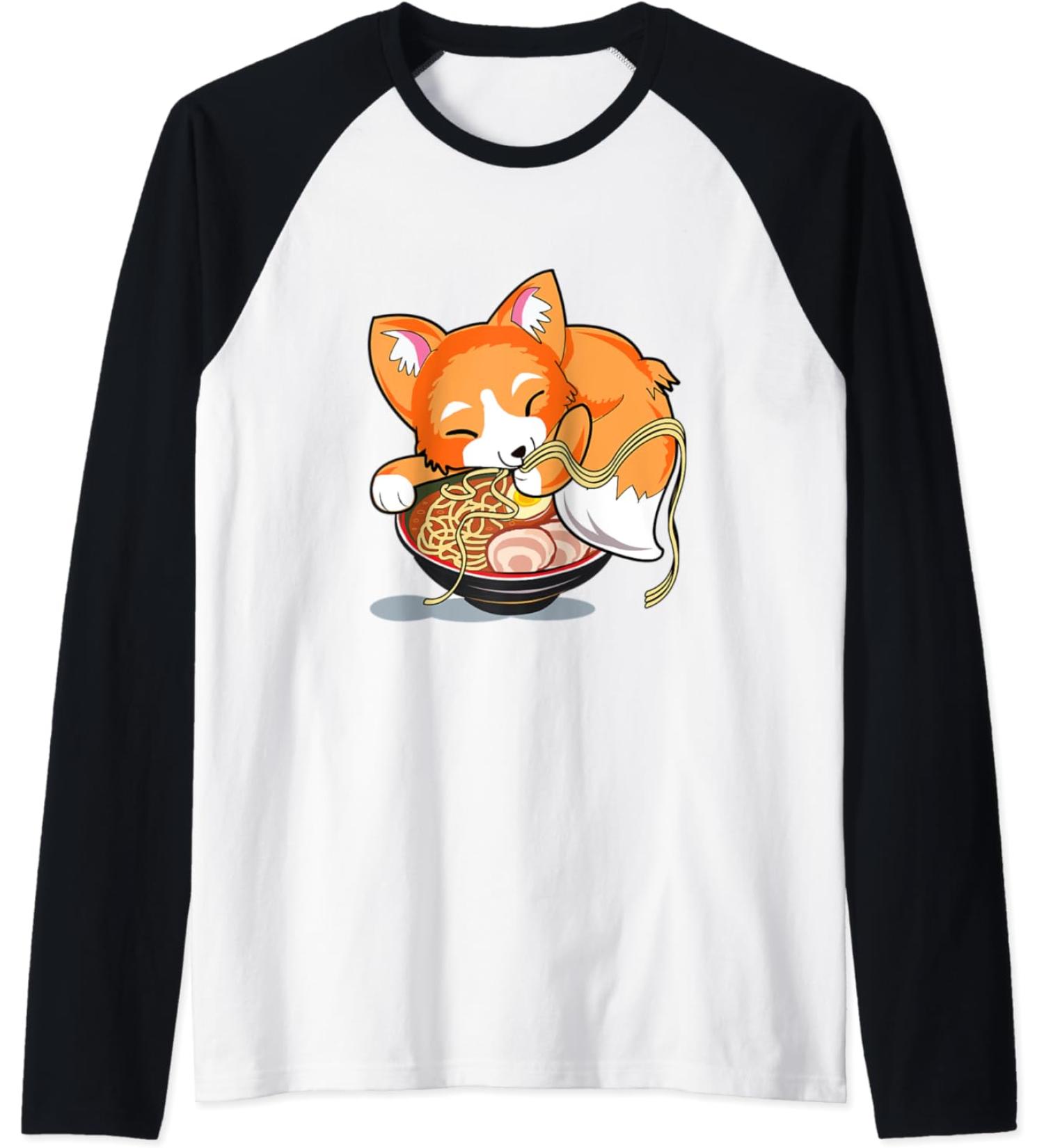 Ramen Noodles Fox Lover Kawaii Japanese Anime Raglan Baseball Tee