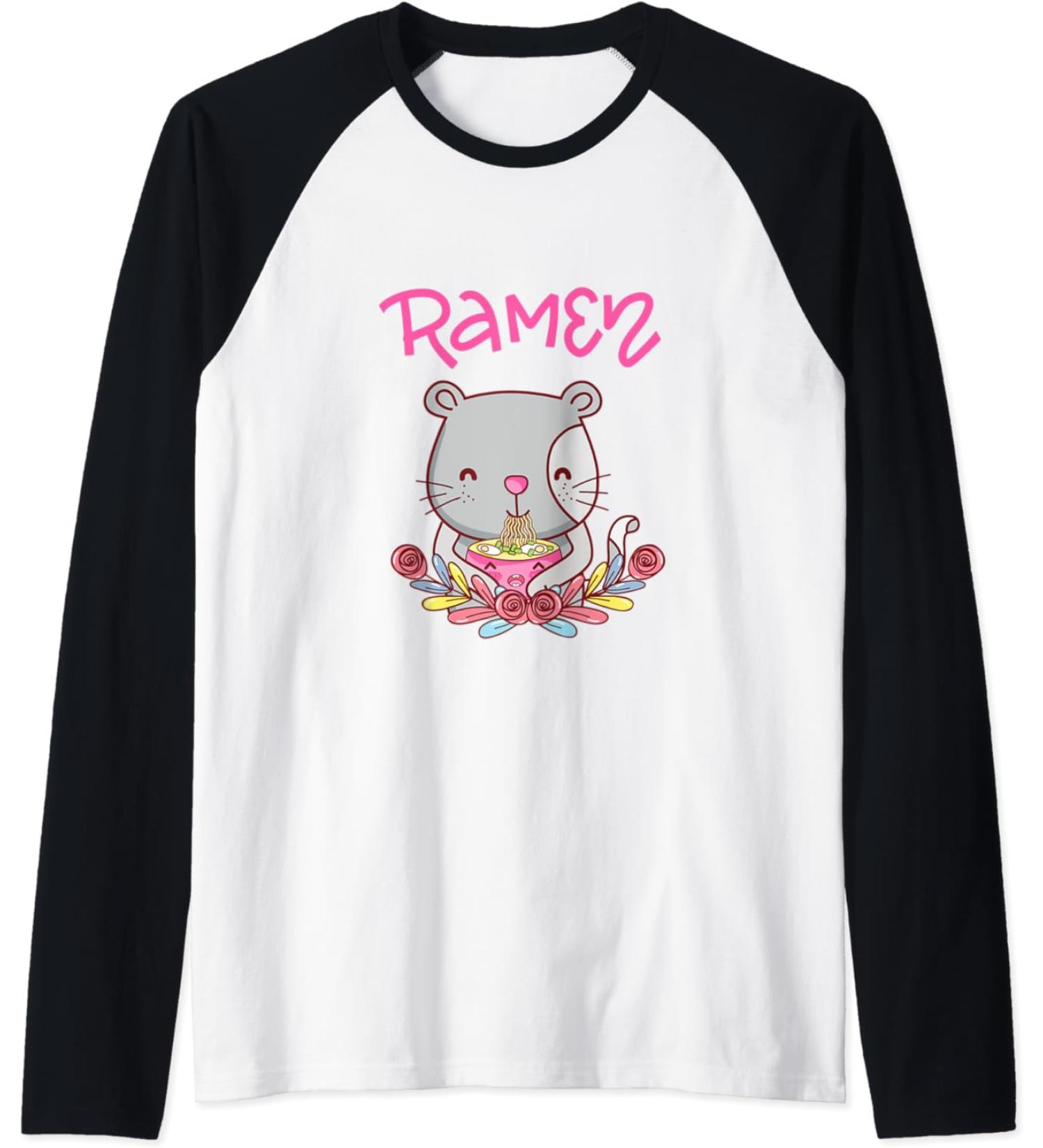 Kawaii Kitty Cat Eating Ramen Noodles Raglan Baseball Tee