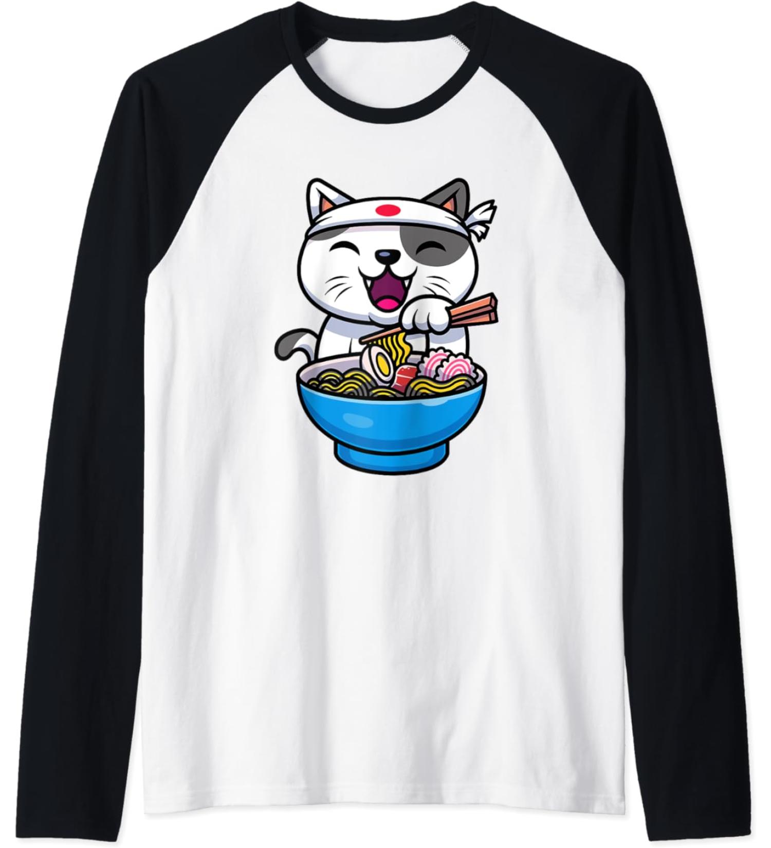 Kawaii Anime Cat Eating Ramen Noodles Japanese Raglan Baseball Tee