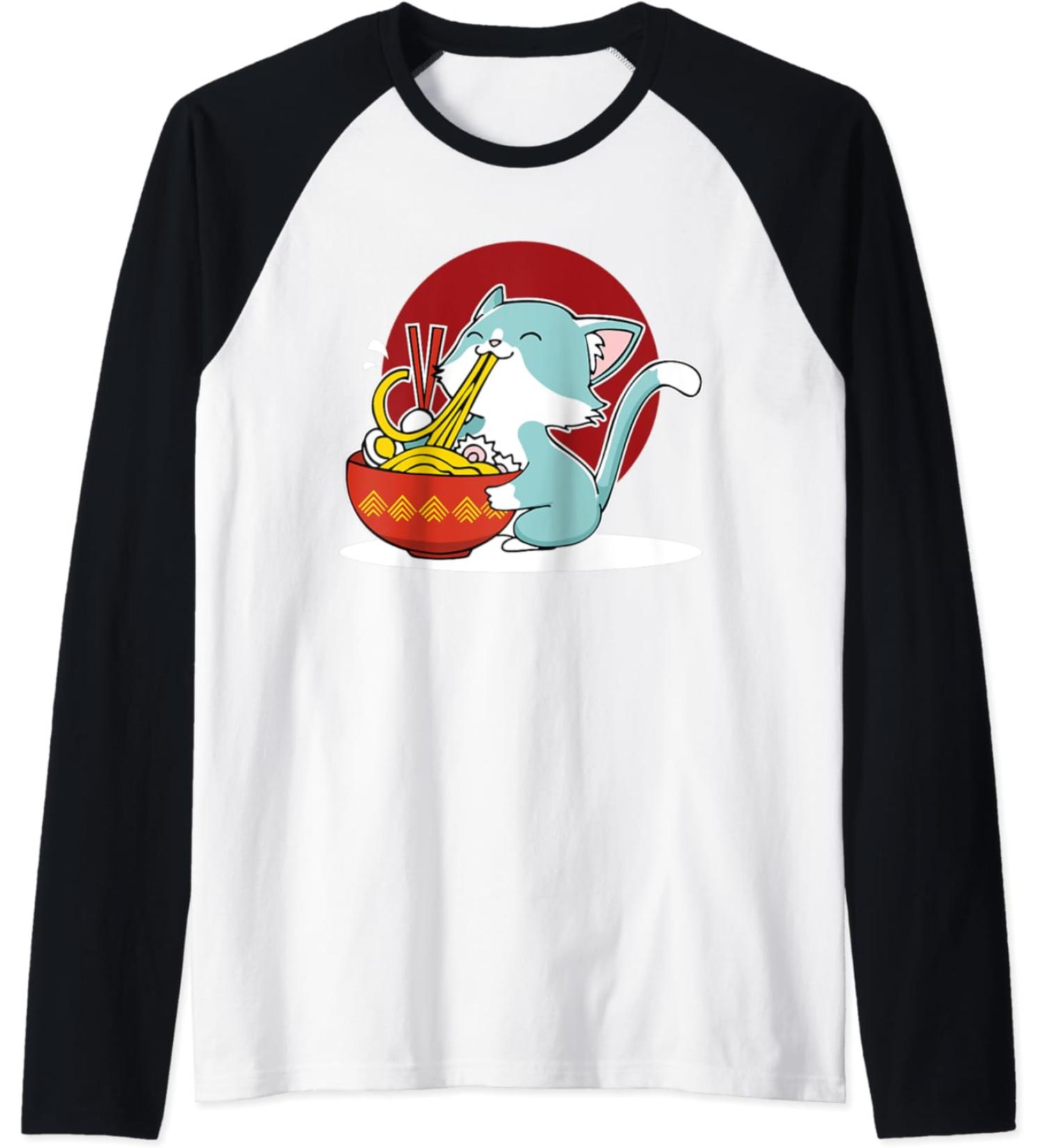 Cat Eating Japanese Ramen Noodles Soup Bowl Kawaii Kitten Raglan Baseball Tee