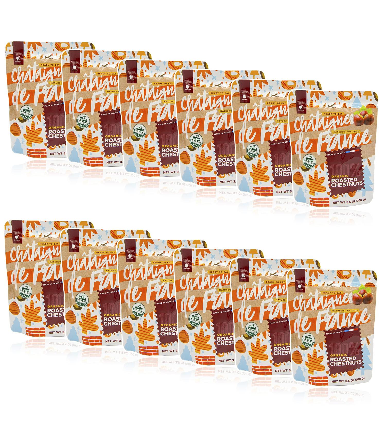 Organic Roasted Chestnut Pouches from Ardeche - Pack of 12, 3.5 oz - Ready-to-Eat Whole Chestnuts from France - Buy Online on SooperMarket.com