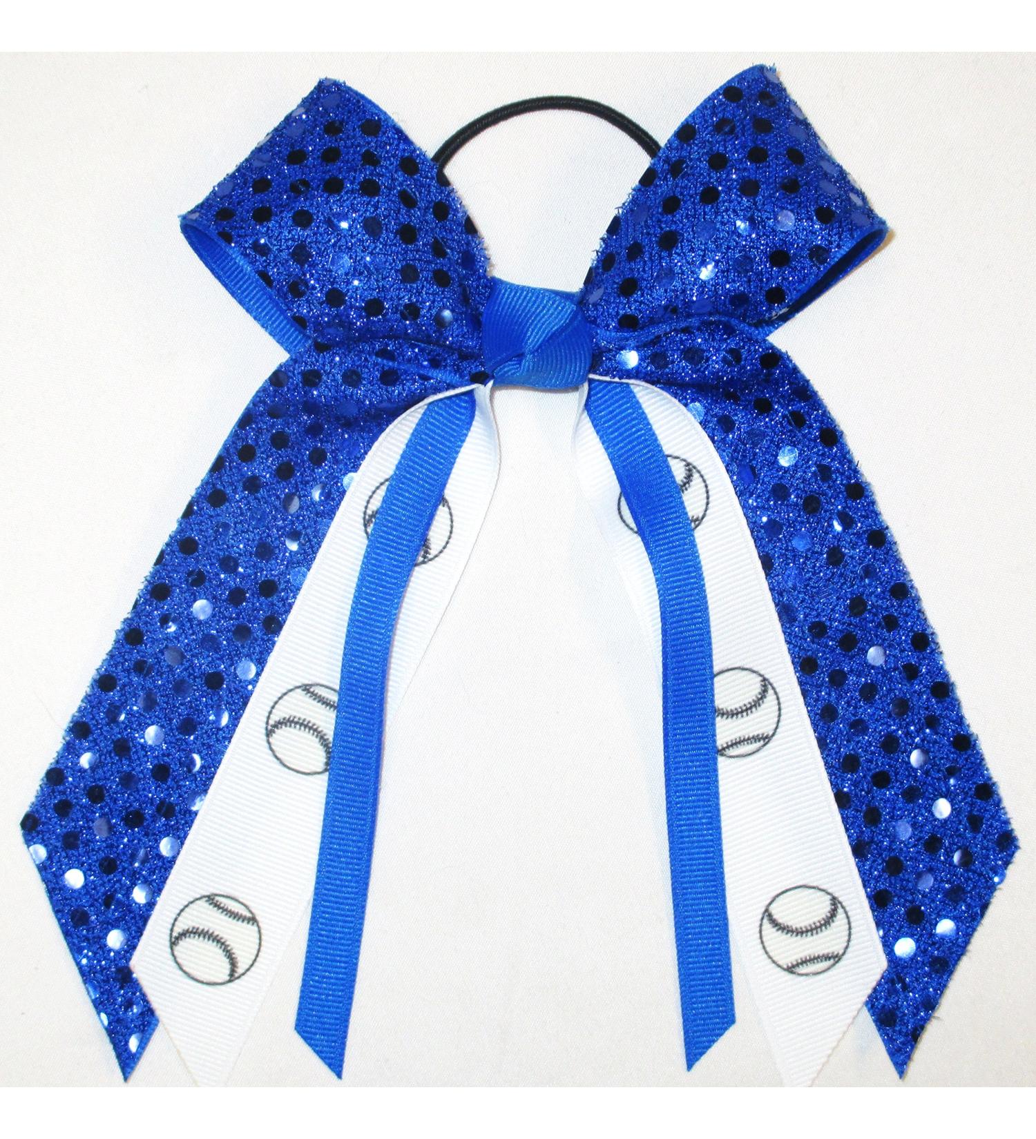Softball  Baseball Soft Touch Sequin Hair Bow  Made in the USA  White Pony Band  (Royal)