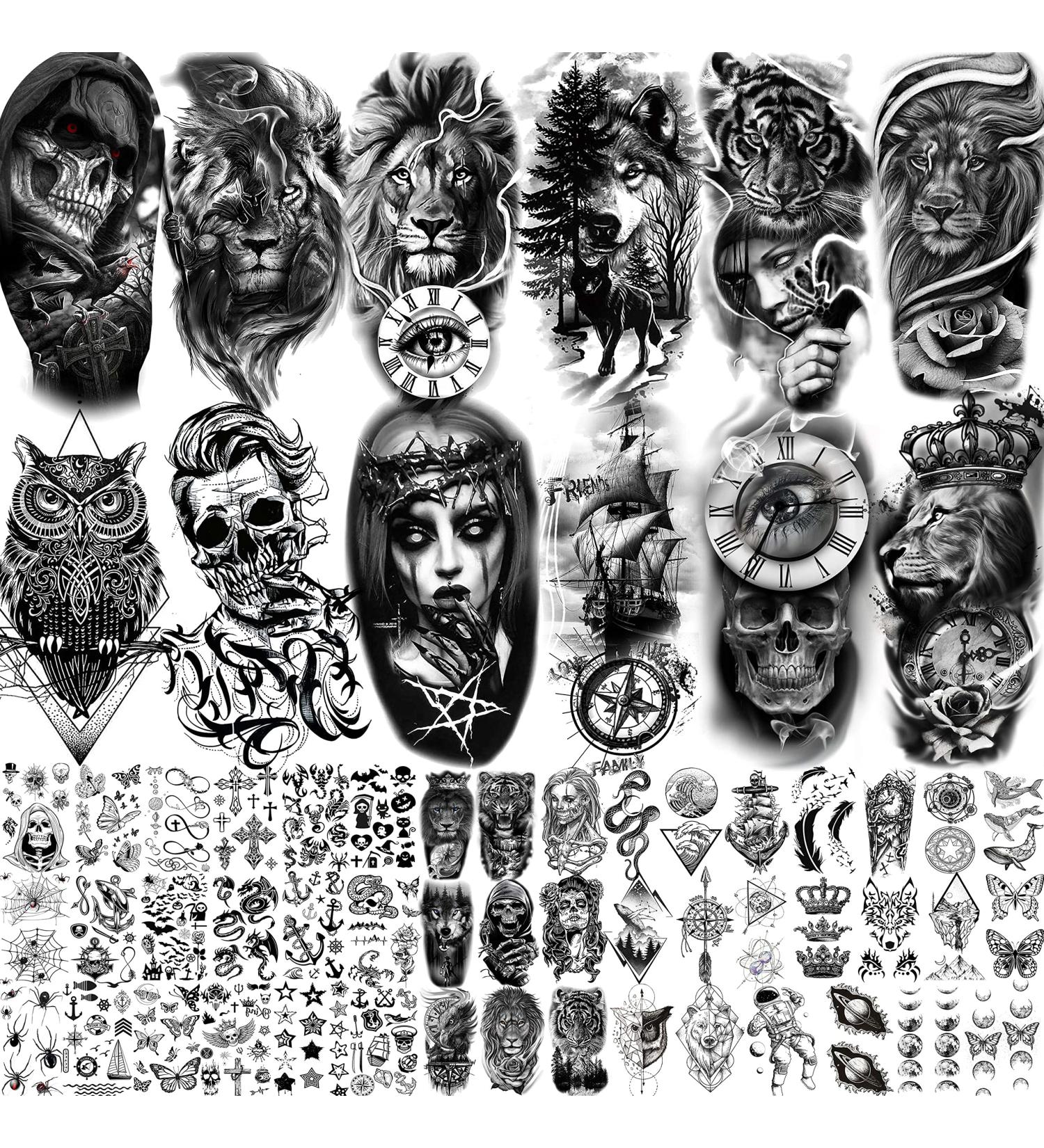 3D Black Skull Halloween Temporary Tattoos - 59 Sheets | Long Lasting Fake Tattoos for Adults & Kids - Realistic Owl, Wolf, Lion, Tiger, Devil | Body Art Stickers - Buy Online on SooperMarket.com