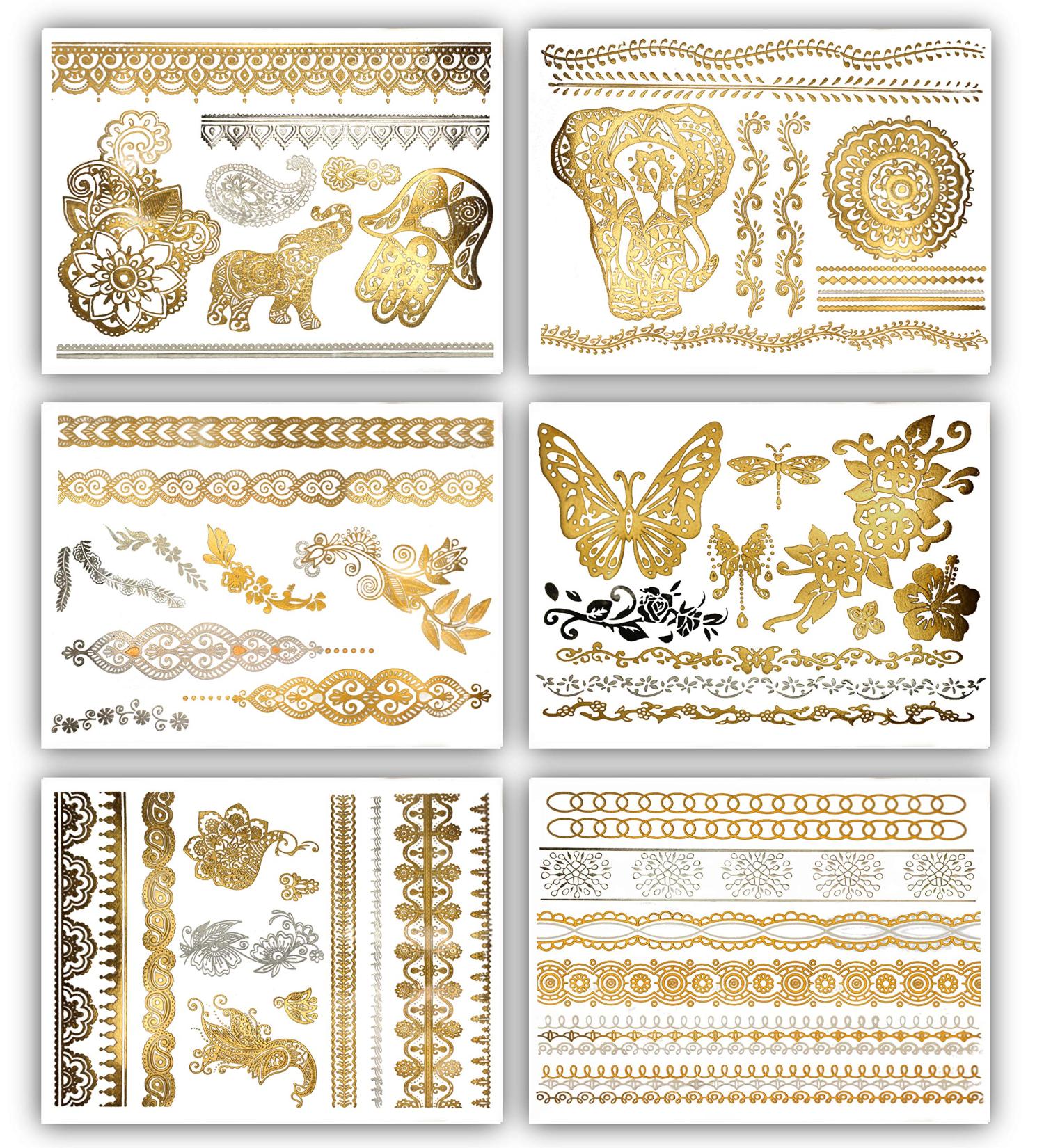 Terra Tattoos Gold Silver Metallic Temporary Tats - 75+ Boho Henna Designs - Waterproof, Non-Toxic, Long-Lasting - Ideal for Beach, Festivals & More! - Buy Online on SooperMarket.com