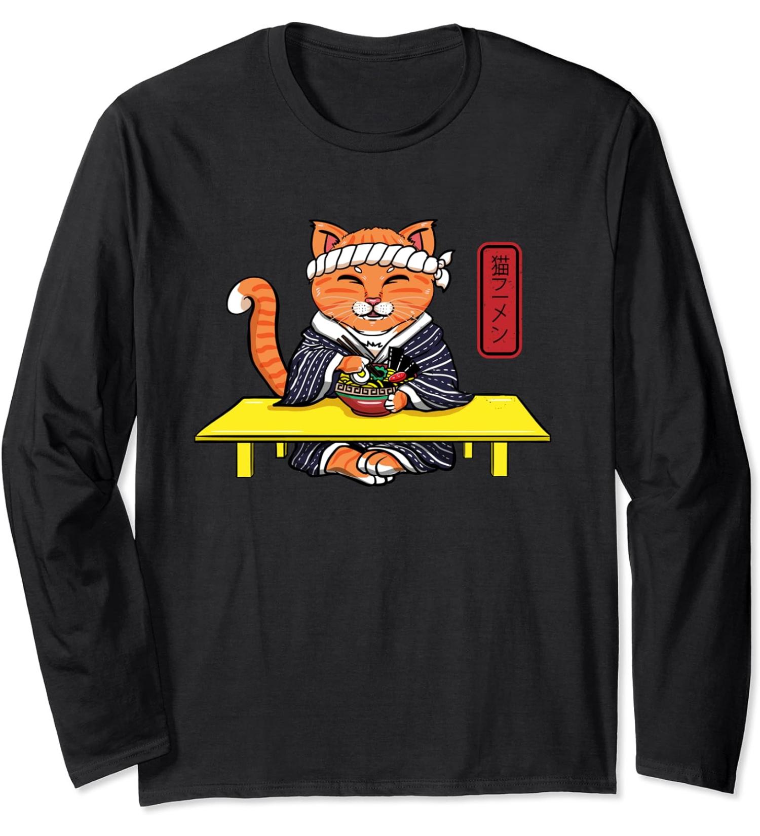 Japanese Cat Eating a Ramen Noodles Long Sleeve T-Shirt