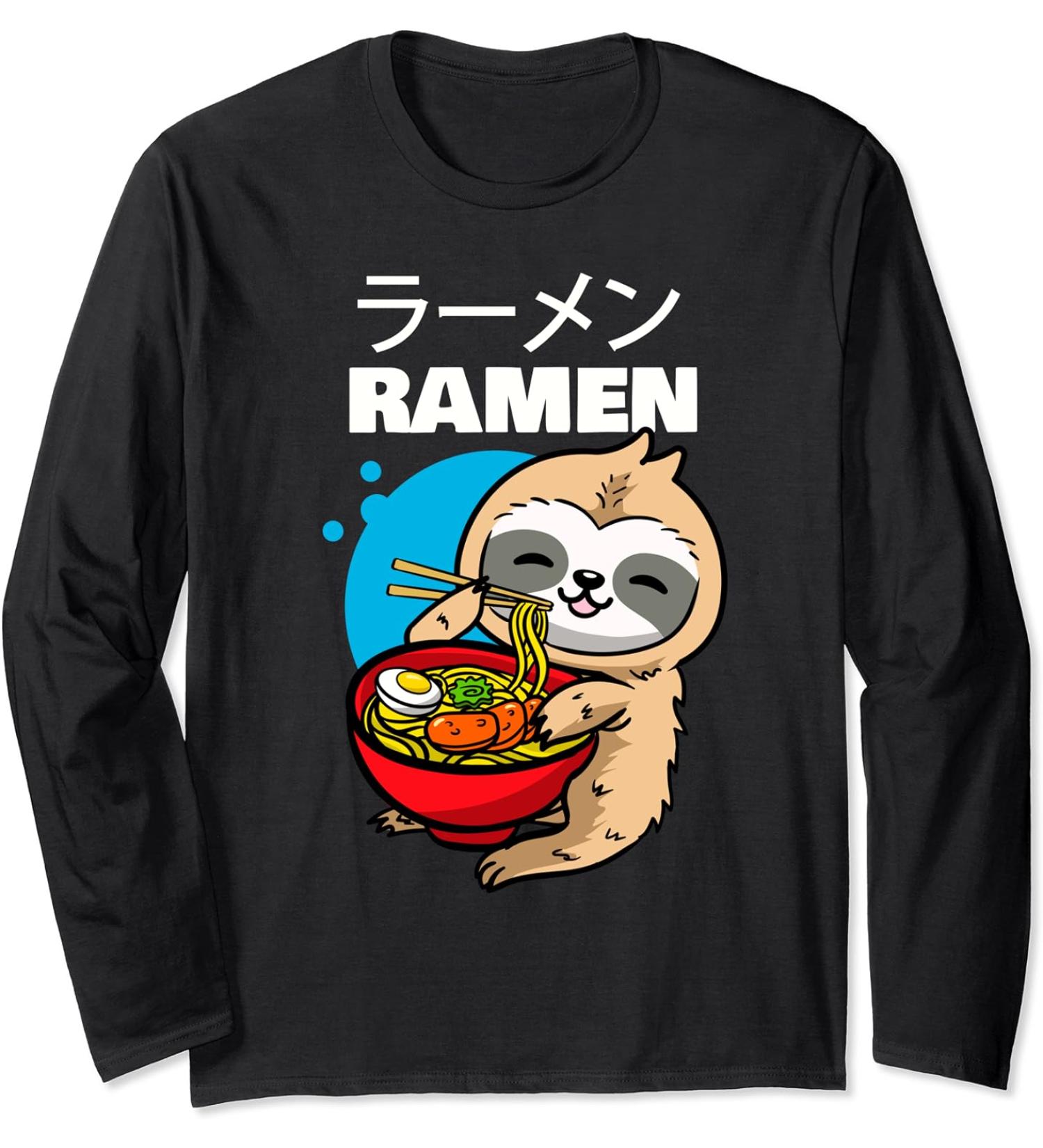Kawaii Anime Sloth Eating Japanese Ramen Noodle Soup Long Sleeve T-Shirt