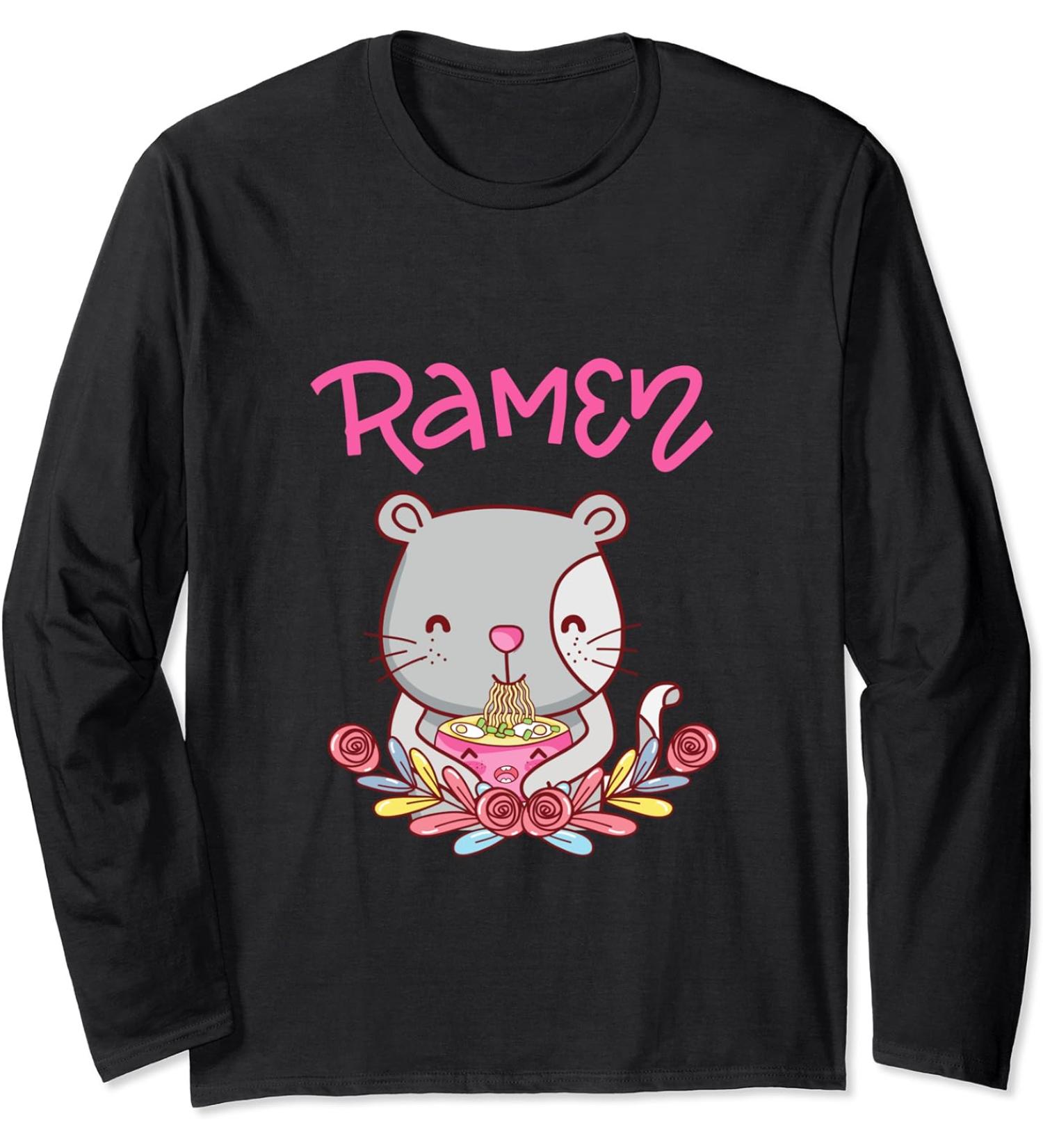 Kawaii Kitty Cat Eating Ramen Noodles Long Sleeve T-Shirt