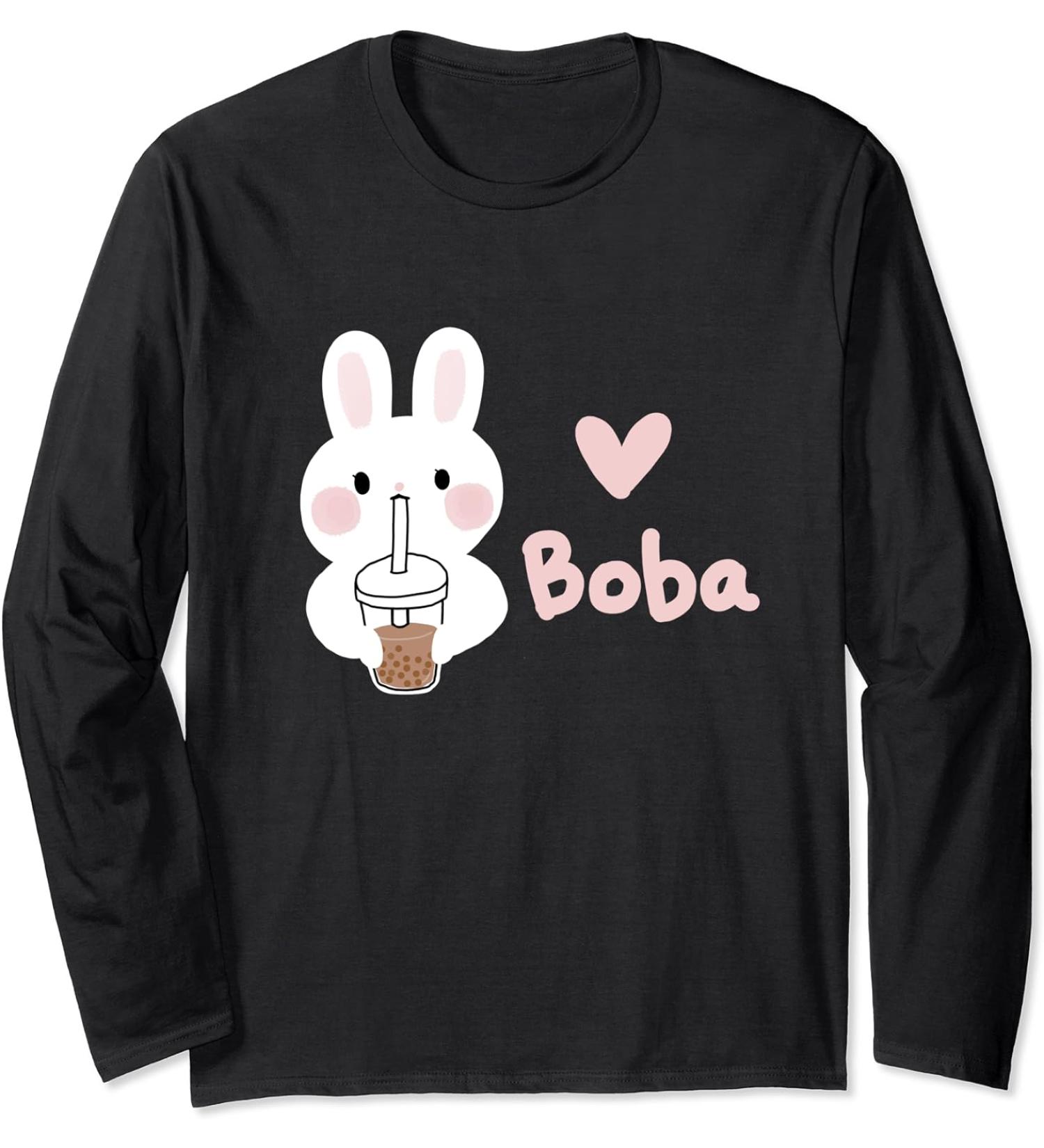 Cute Kawaii Bunny Boba Milk Tea Bubble Tea Graphic Long Sleeve T-Shirt
