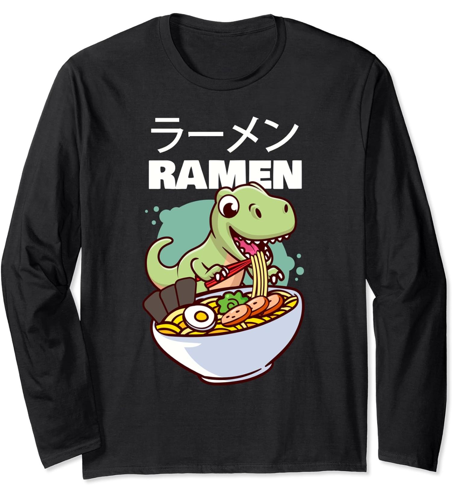Kawaii Dino T-Rex eating Japanese Soup Ramen Noodle Long Sleeve T-Shirt