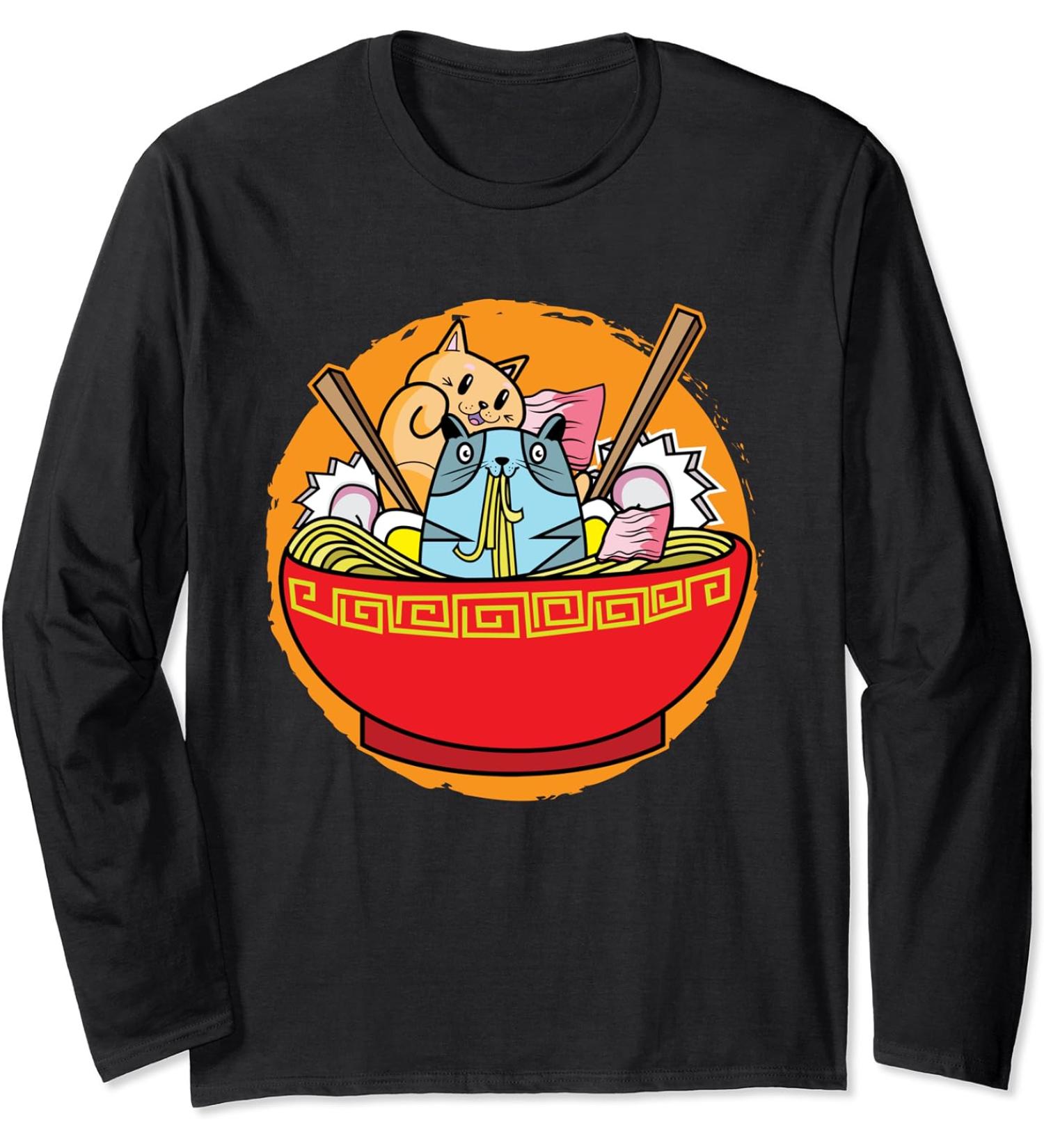 Anime Cat Japanese Ramen Noodles I Funny Ramen Long Sleeve T-Shirt