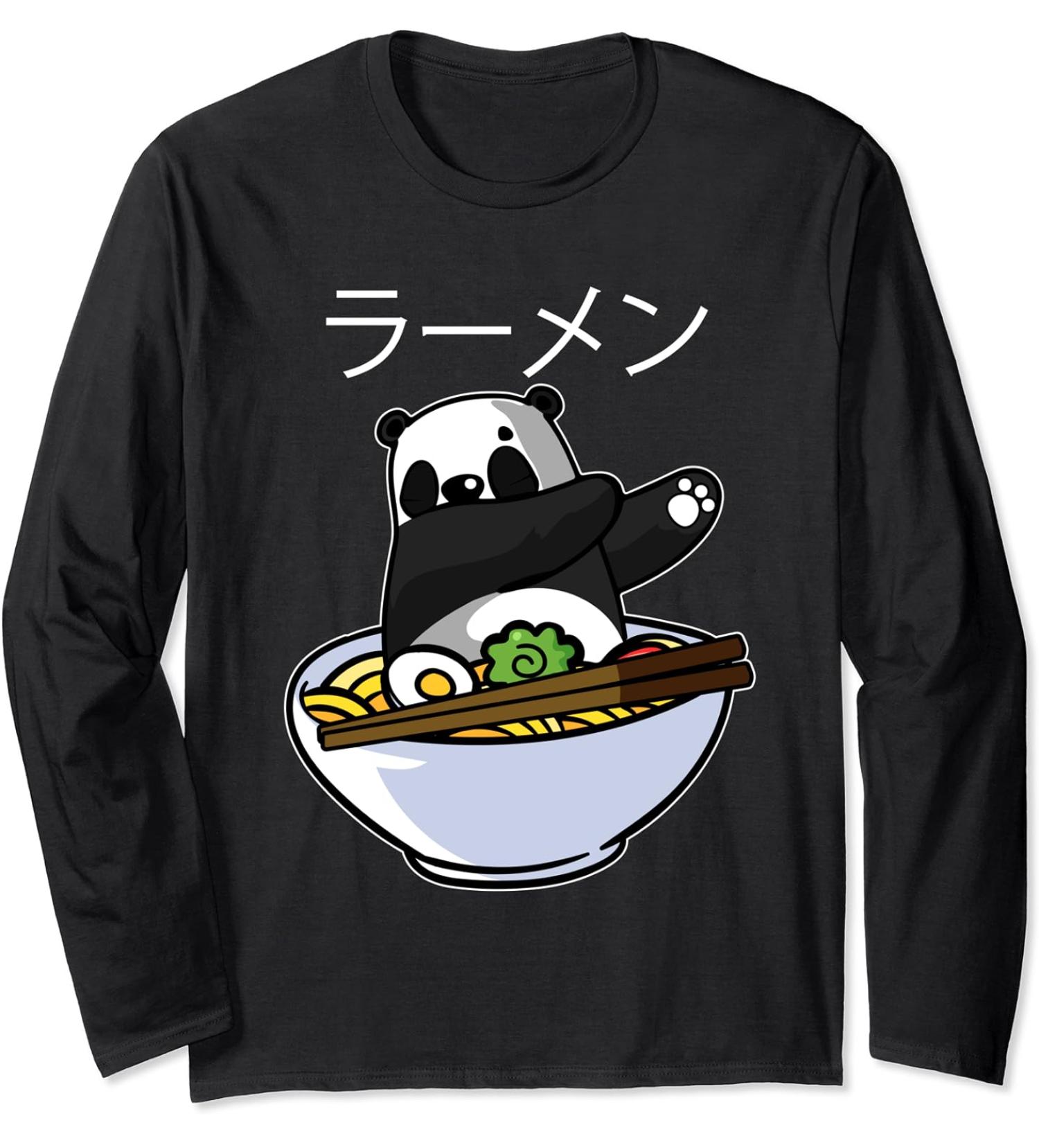 Kawaii Anime Dabbing Panda Eating Ramen Noodle Long Sleeve T-Shirt