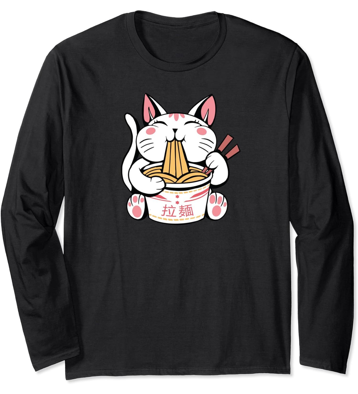 Kawaii Cat Neko Eating Ramen Noodle Soup Japanese Aesthetic Long Sleeve T-Shirt