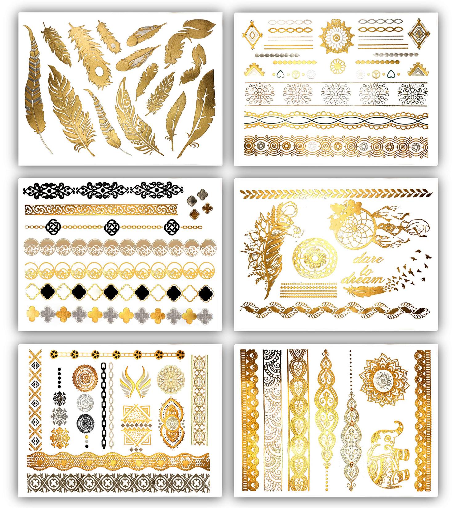 Terra Tattoos Gold Metallic Temporary Tats - 75+ Boho Henna Designs with Feathers, Tribal Elephants - Waterproof, Nontoxic, Long Lasting - Ideal for Beach, Festivals & More! - Buy Online on SooperMarket.com