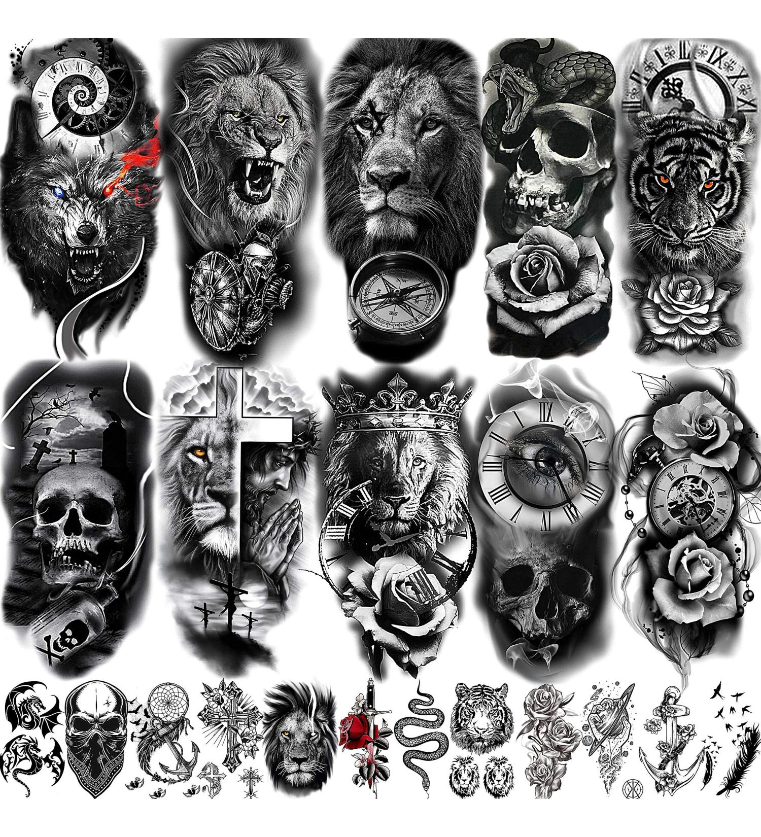 COKTAK 22 Sheets 3D Forearm Half Sleeve Temporary Tattoos - Large Tribal Lion Warrior Tiger Wolf Flower Skull Fake Tattoo Stickers for Men Women Adults - Halloween Black 3D Realistic Tatoo Rose Animals - Buy Online on SooperMarket.com