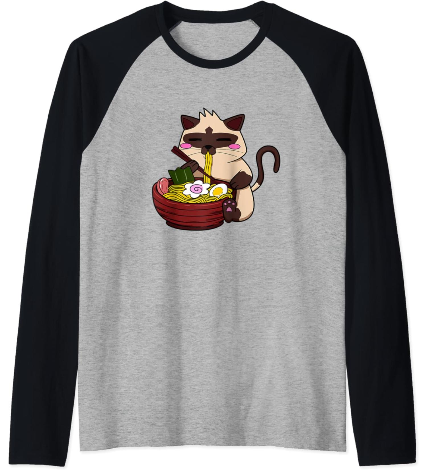 Siamese Cat Ramen Japanese Ramen Life Noodle Raglan Baseball Tee