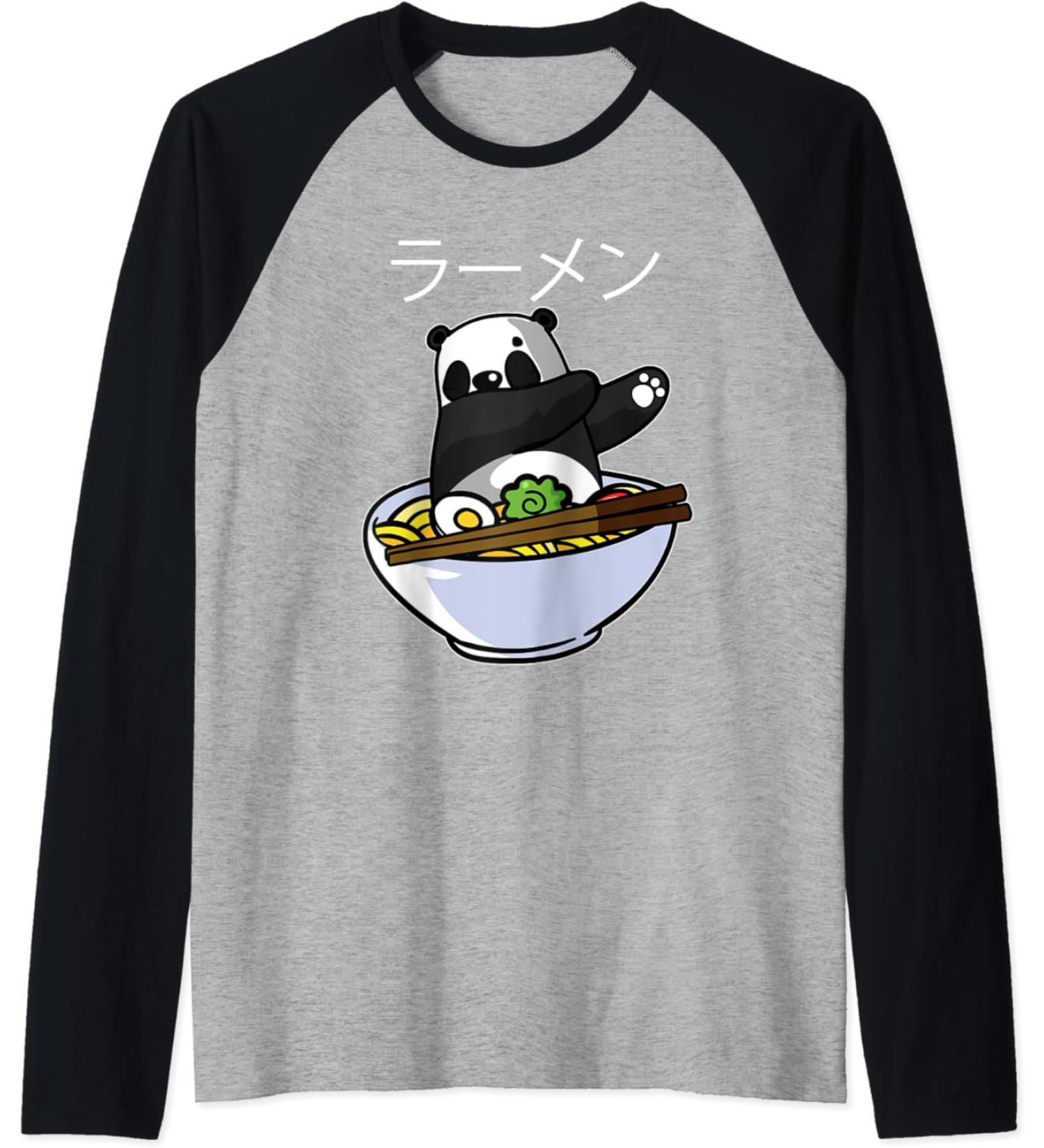 Kawaii Anime Dabbing Panda Eating Ramen Noodle Raglan Baseball Tee