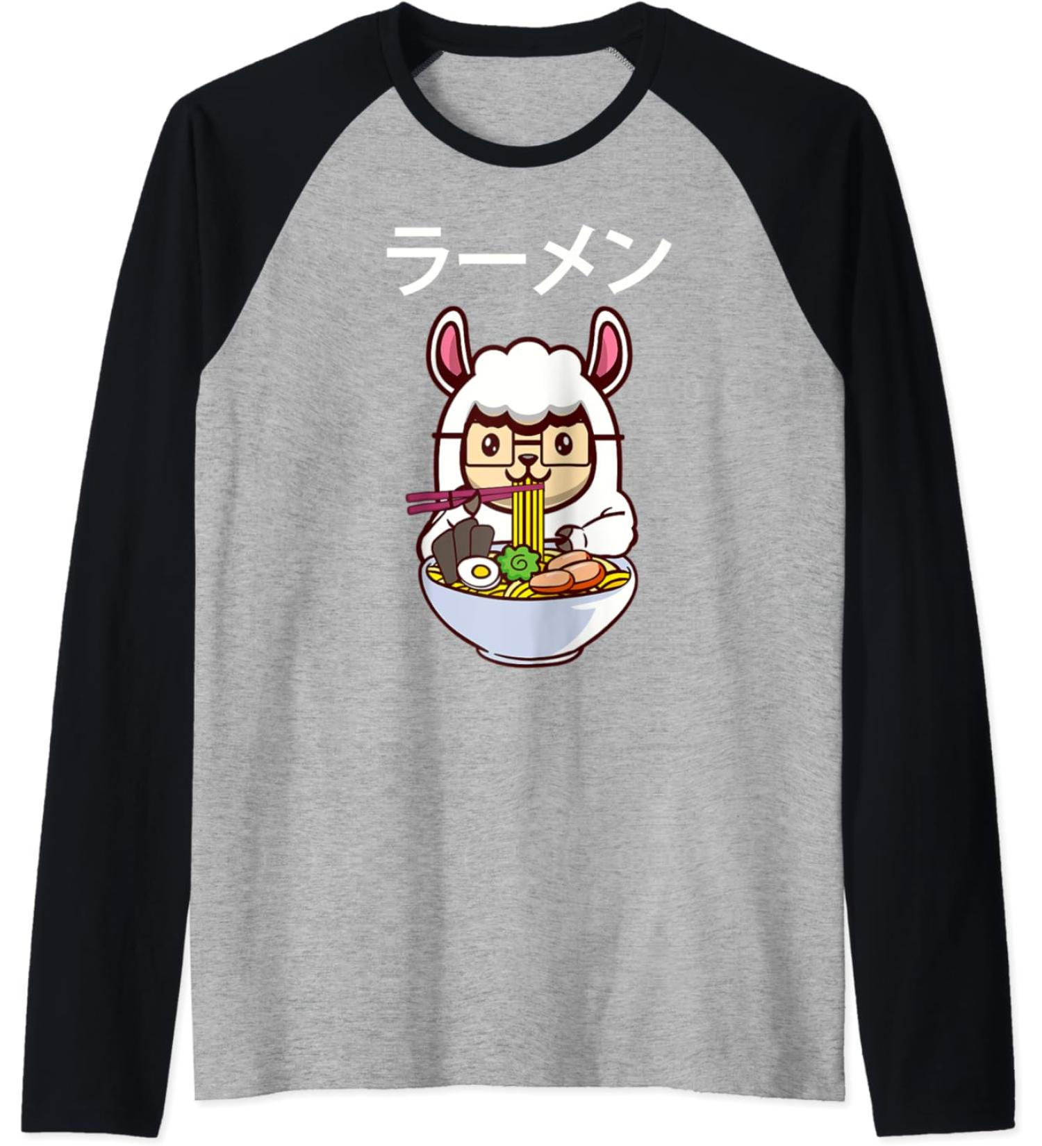 Kawaii Llamen Llama Eating a Ramen Noodle Bowl Raglan Baseball Tee