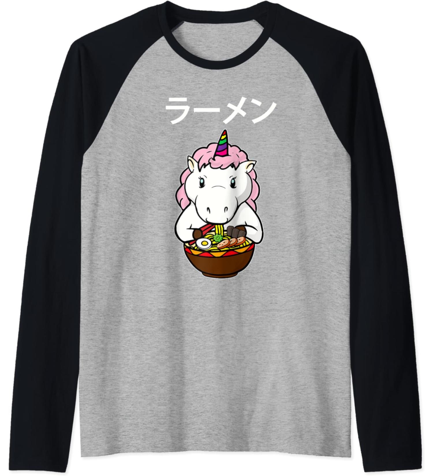 Japanese Kawaii Anime Baby Unicorn Eating Ramen Noodle Bowl Raglan Baseball Tee