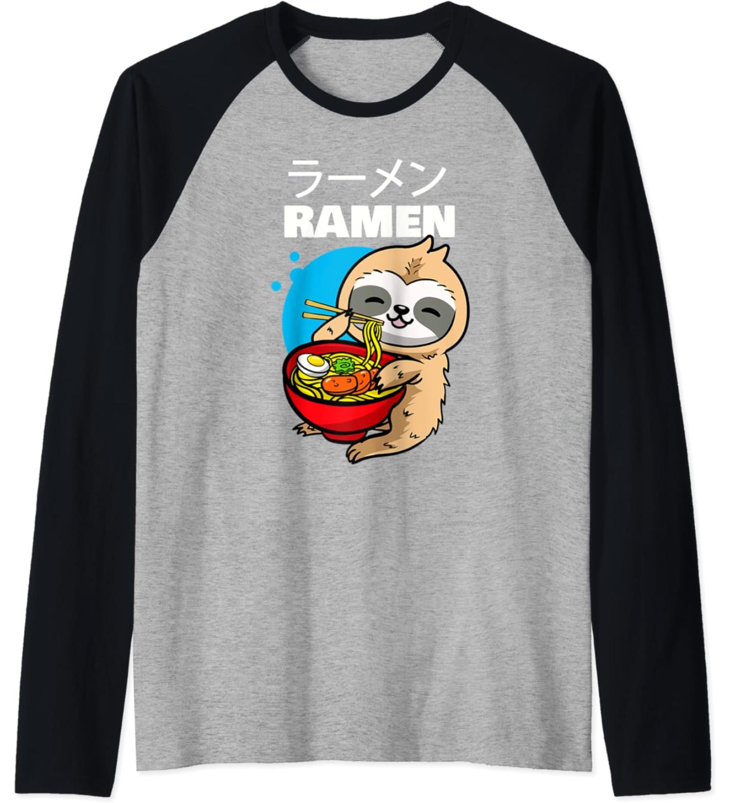 Kawaii Anime Sloth Eating Japanese Ramen Noodle Soup Raglan Baseball Tee